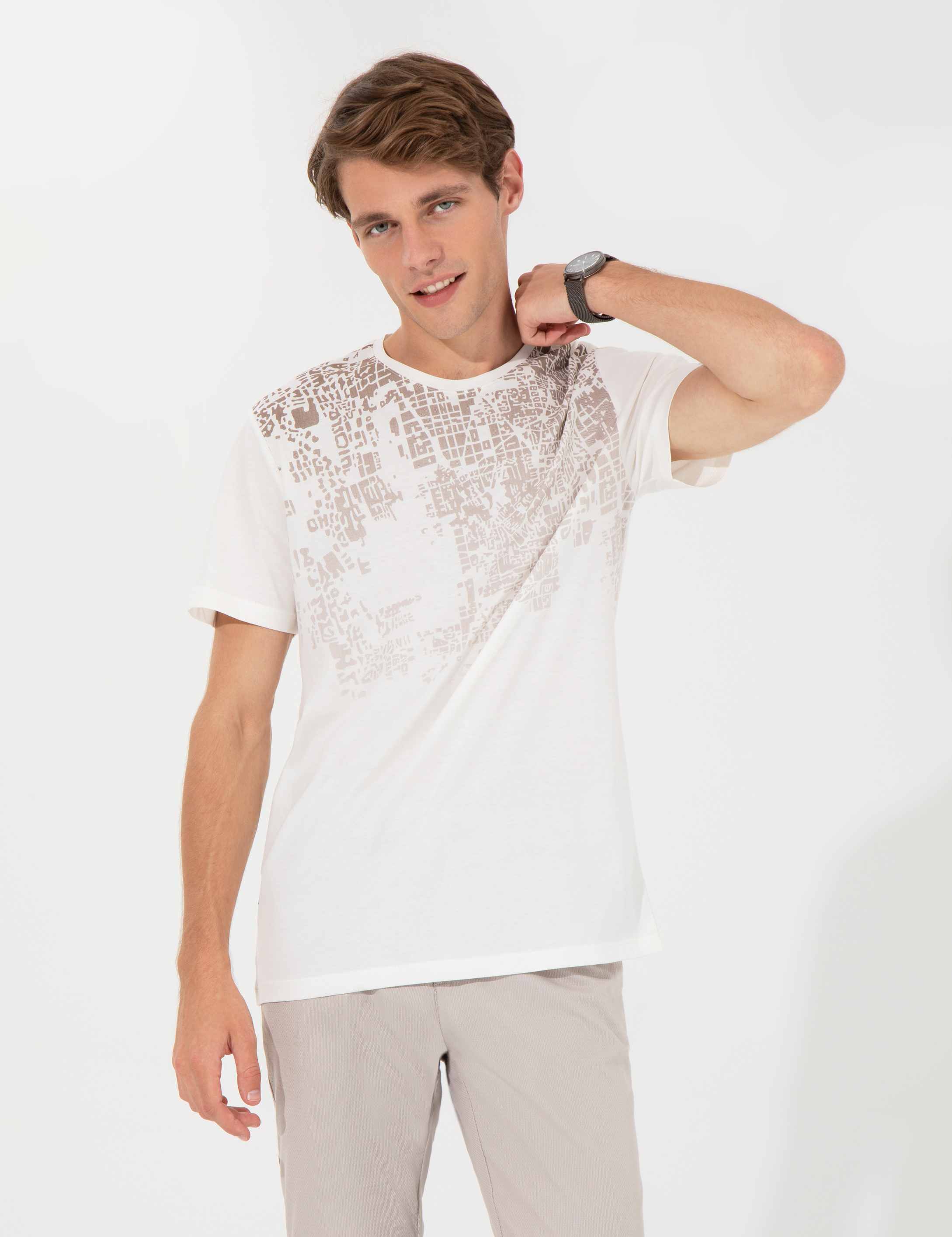 Ecru Slim Fit Baskılı Bisiklet Yaka Tişört - Image 1