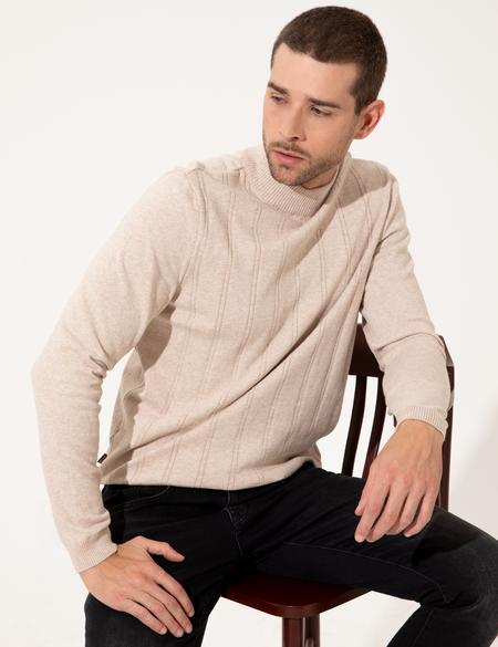 Bej Melanj Slim Fit Yarım Balıkçı Yaka Triko Kazak - 50257071043