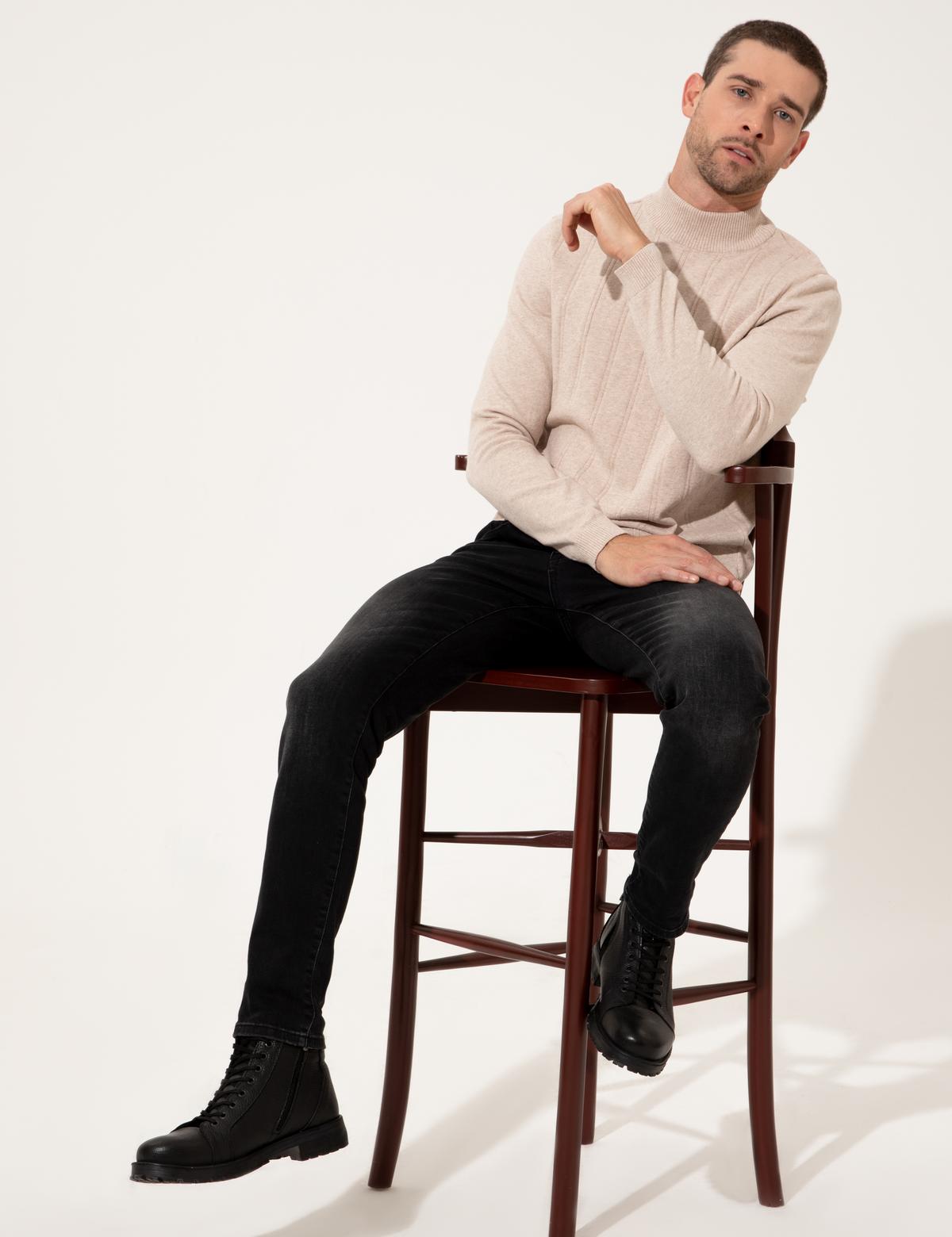 Bej Melanj Slim Fit Yarım Balıkçı Yaka Triko Kazak - 50257071043