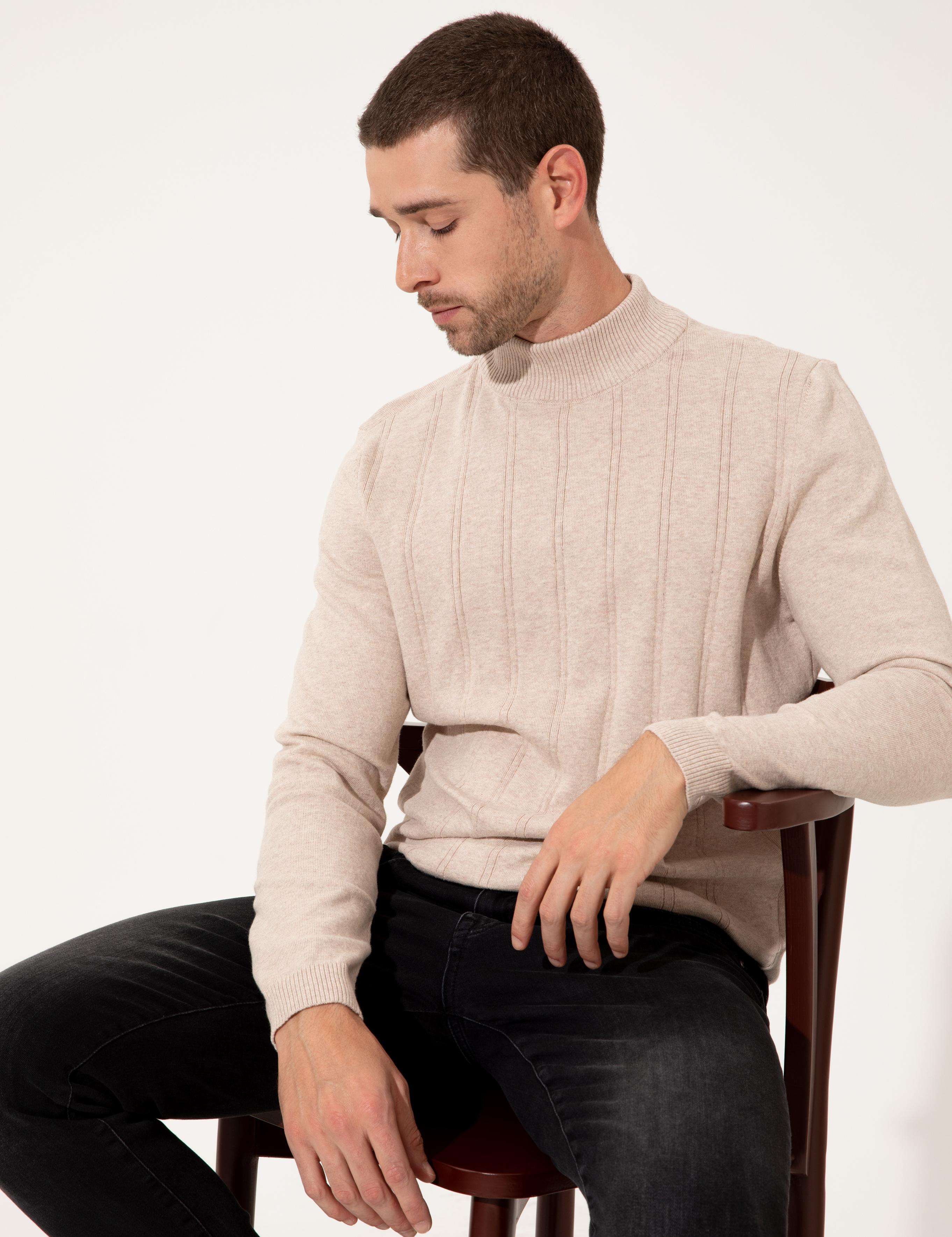 Bej Melanj Slim Fit Yarım Balıkçı Yaka Triko Kazak