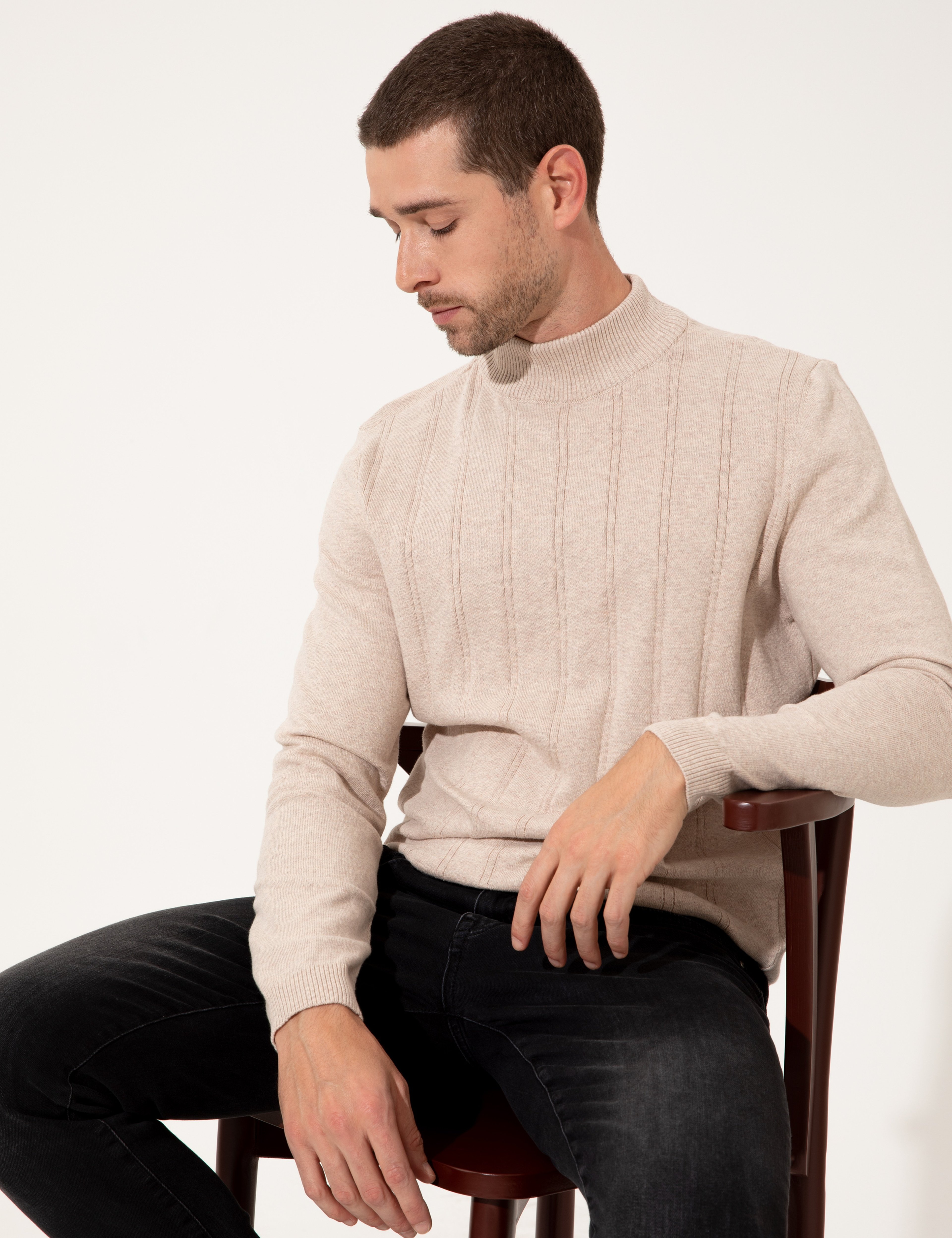 Bej Melanj Slim Fit Kazak - Image 4