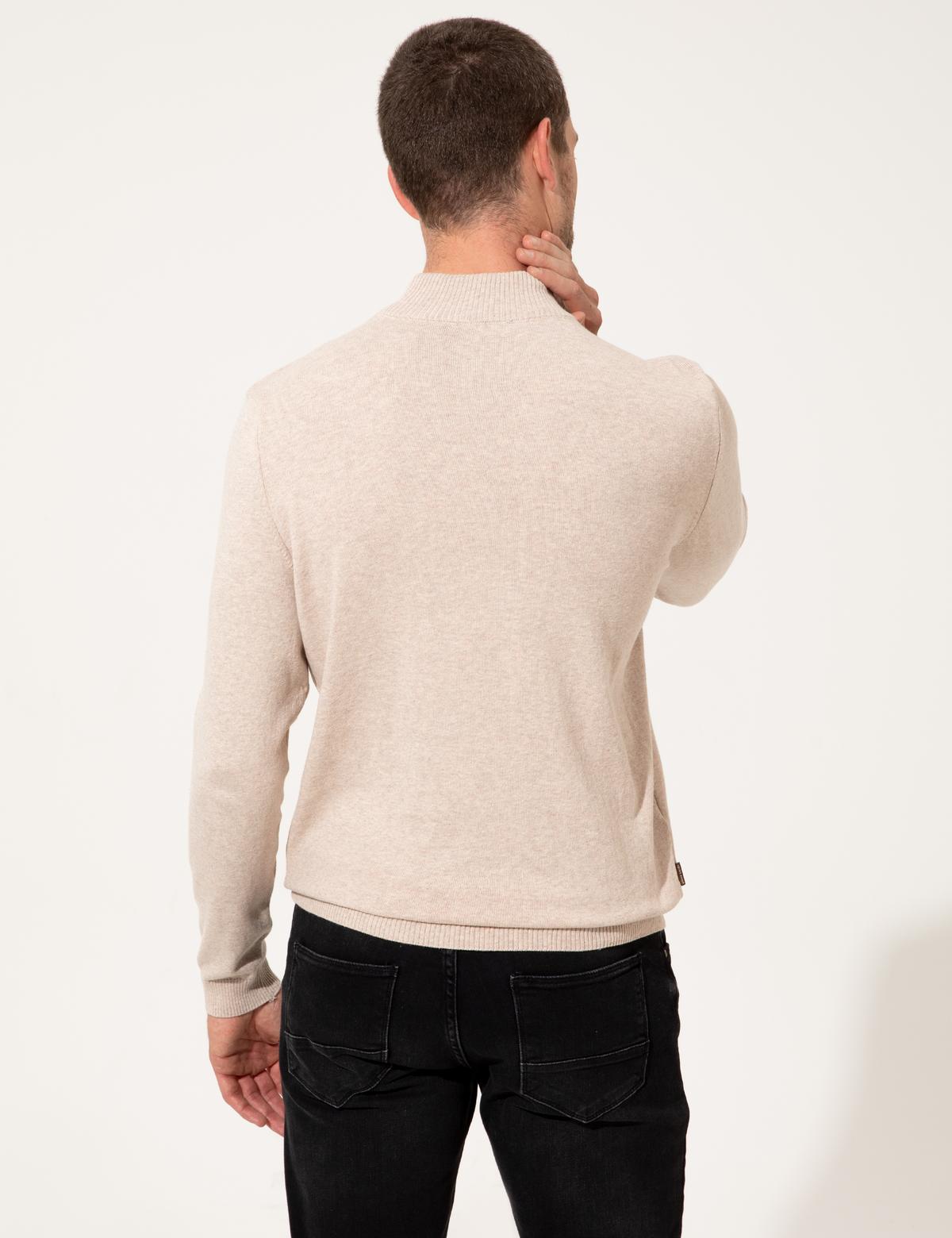 Bej Melanj Slim Fit Yarım Balıkçı Yaka Triko Kazak - 50257071043