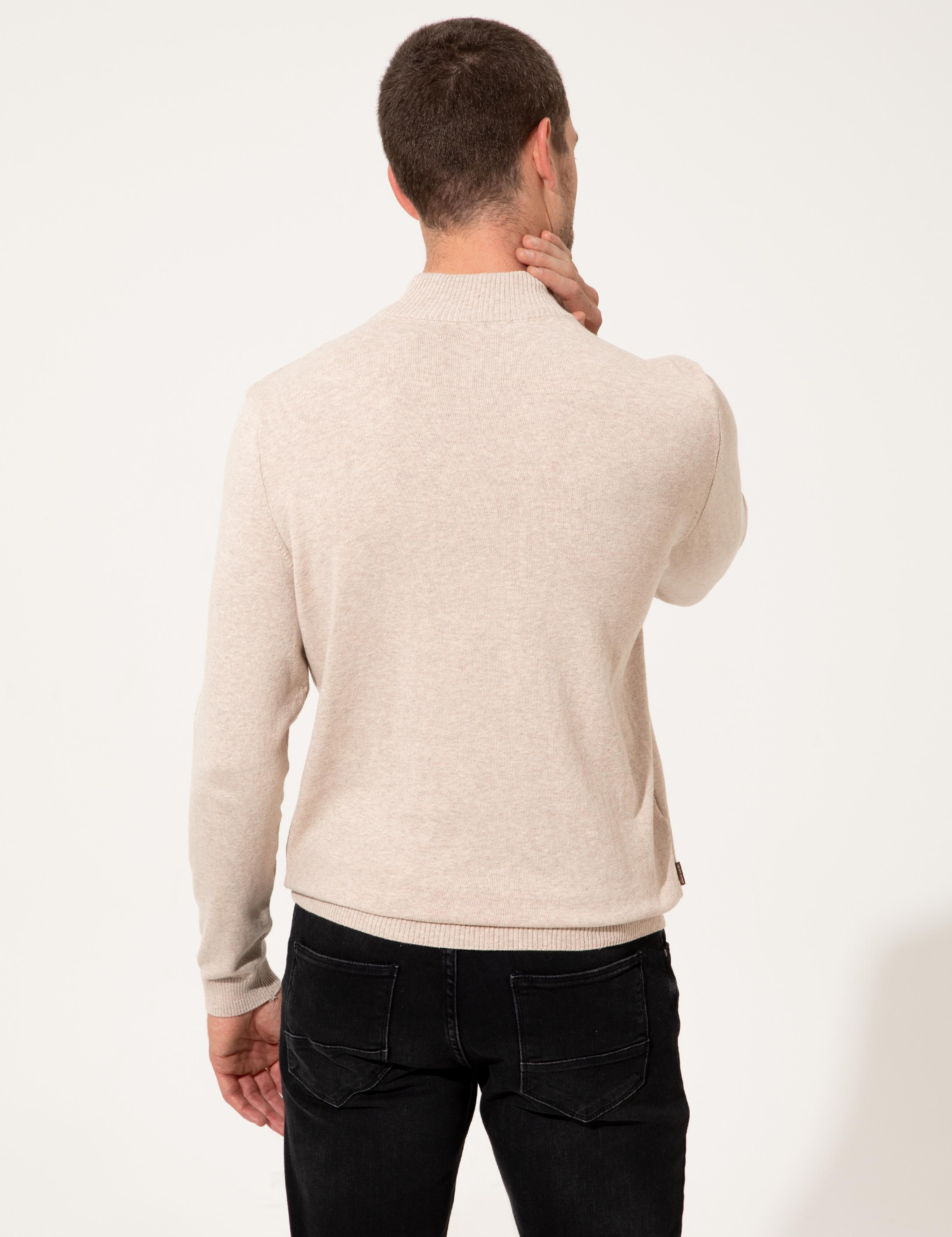 Bej Melanj Slim Fit Yarım Balıkçı Yaka Triko Kazak