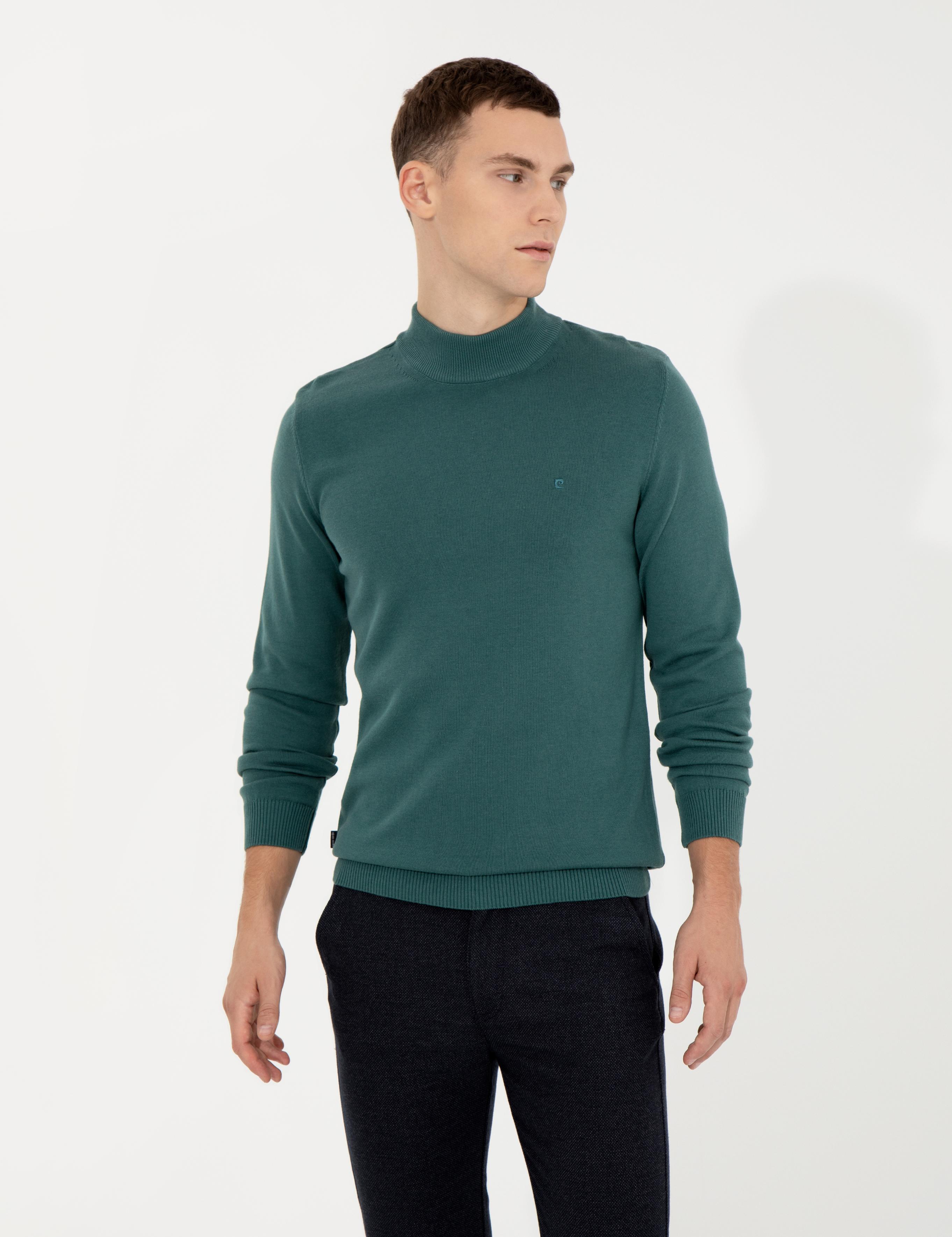 Yeşil Slim Fit Yarım Balıkçı Yaka Basic Triko Kazak