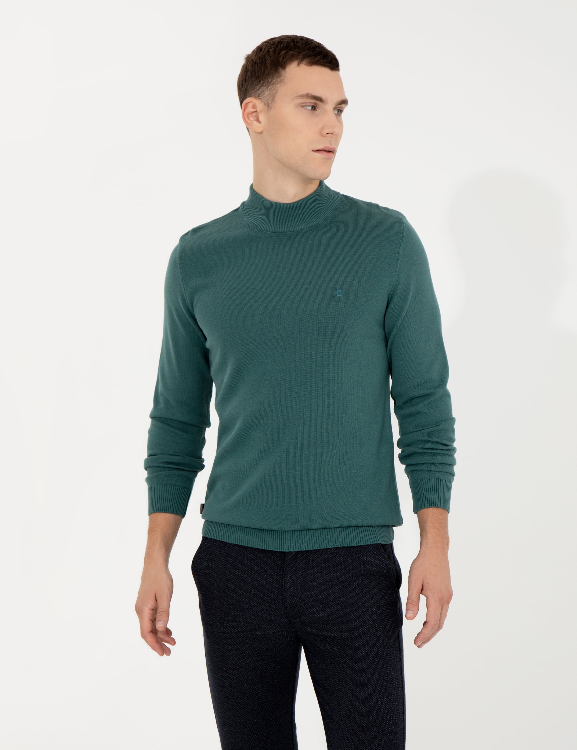 Yeşil Slim Fit Yarım Balıkçı Yaka Basic Triko Kazak