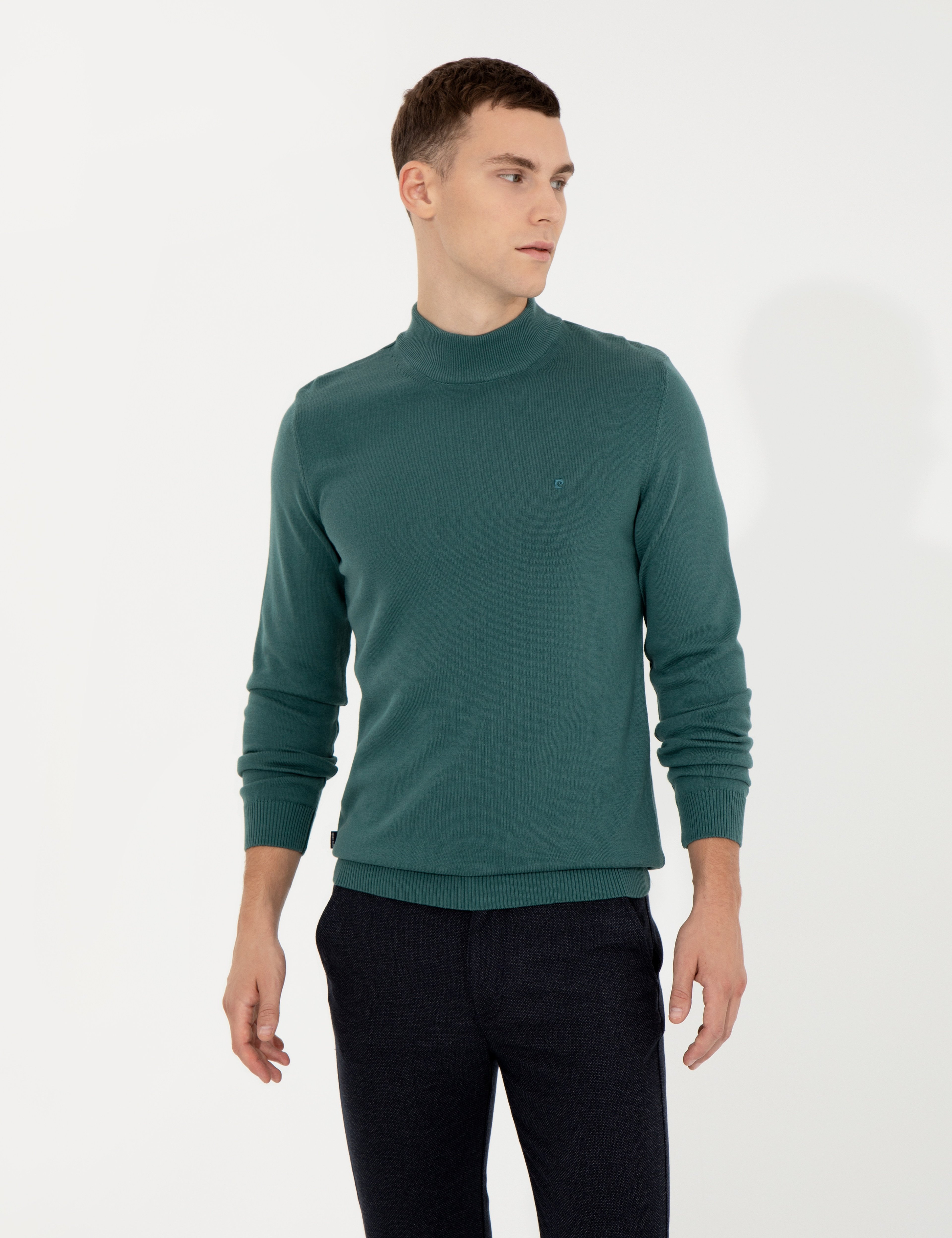 Yeşil Slim Fit Yarım Balıkçı Yaka Basic Triko Kazak - Image 4