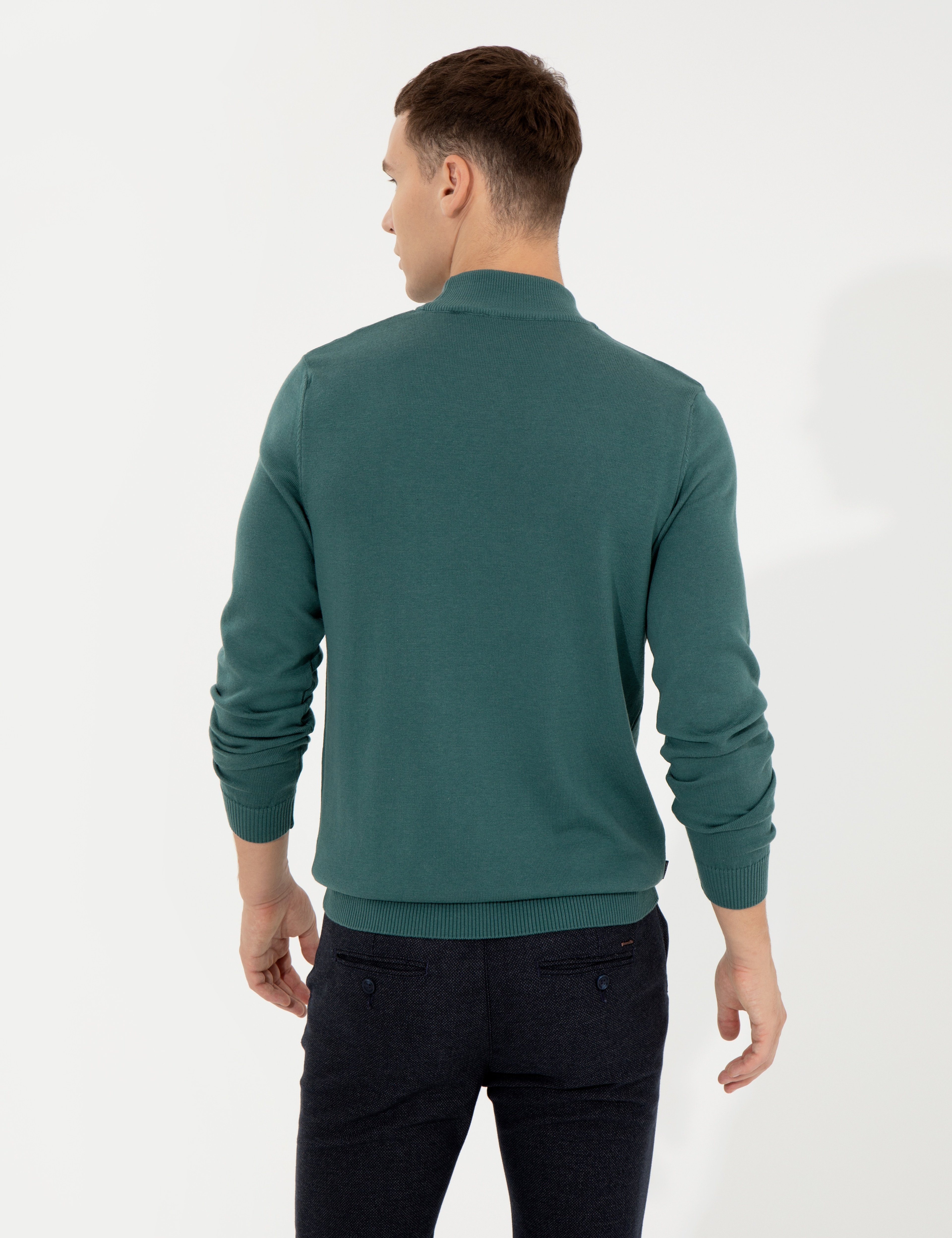 Yeşil Slim Fit Yarım Balıkçı Yaka Basic Triko Kazak
