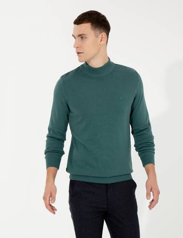 Yeşil Slim Fit Yarım Balıkçı Yaka Basic Triko Kazak