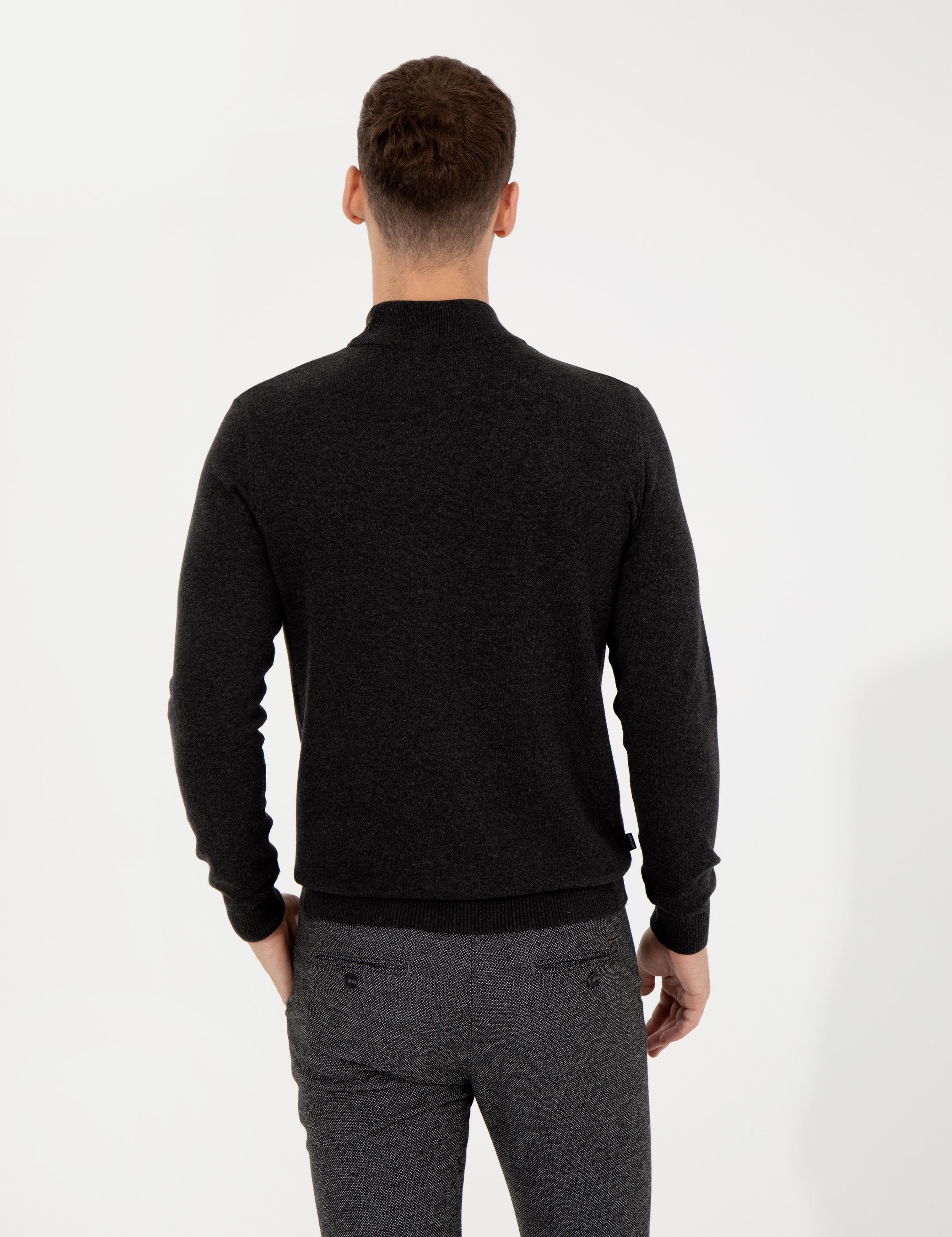 Antrasit Melanj Slim Fit Yarım Balıkçı Yaka Basic Triko Kazak