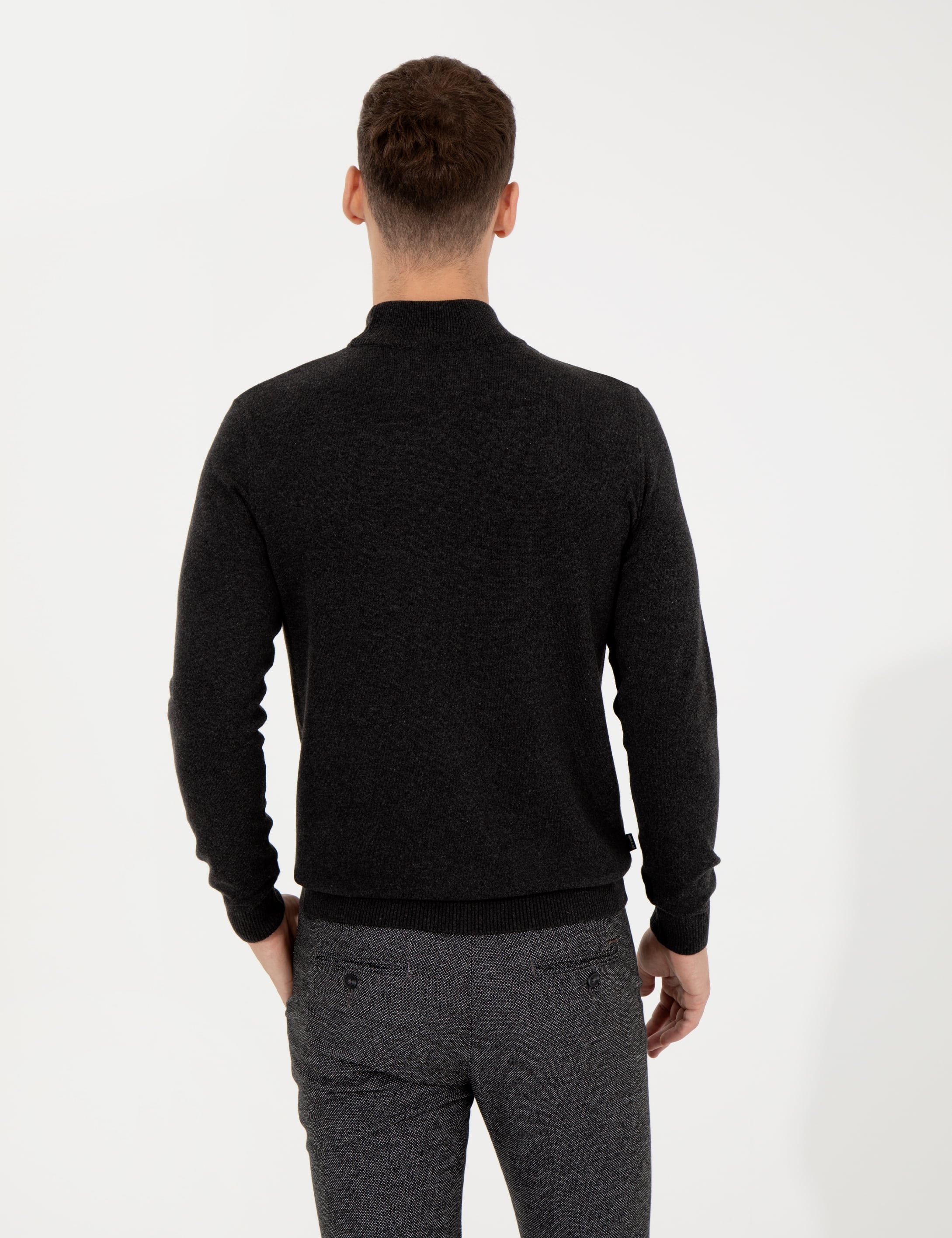 Antrasit Melanj Slim Fit Yarım Balıkçı Yaka Basic Triko Kazak