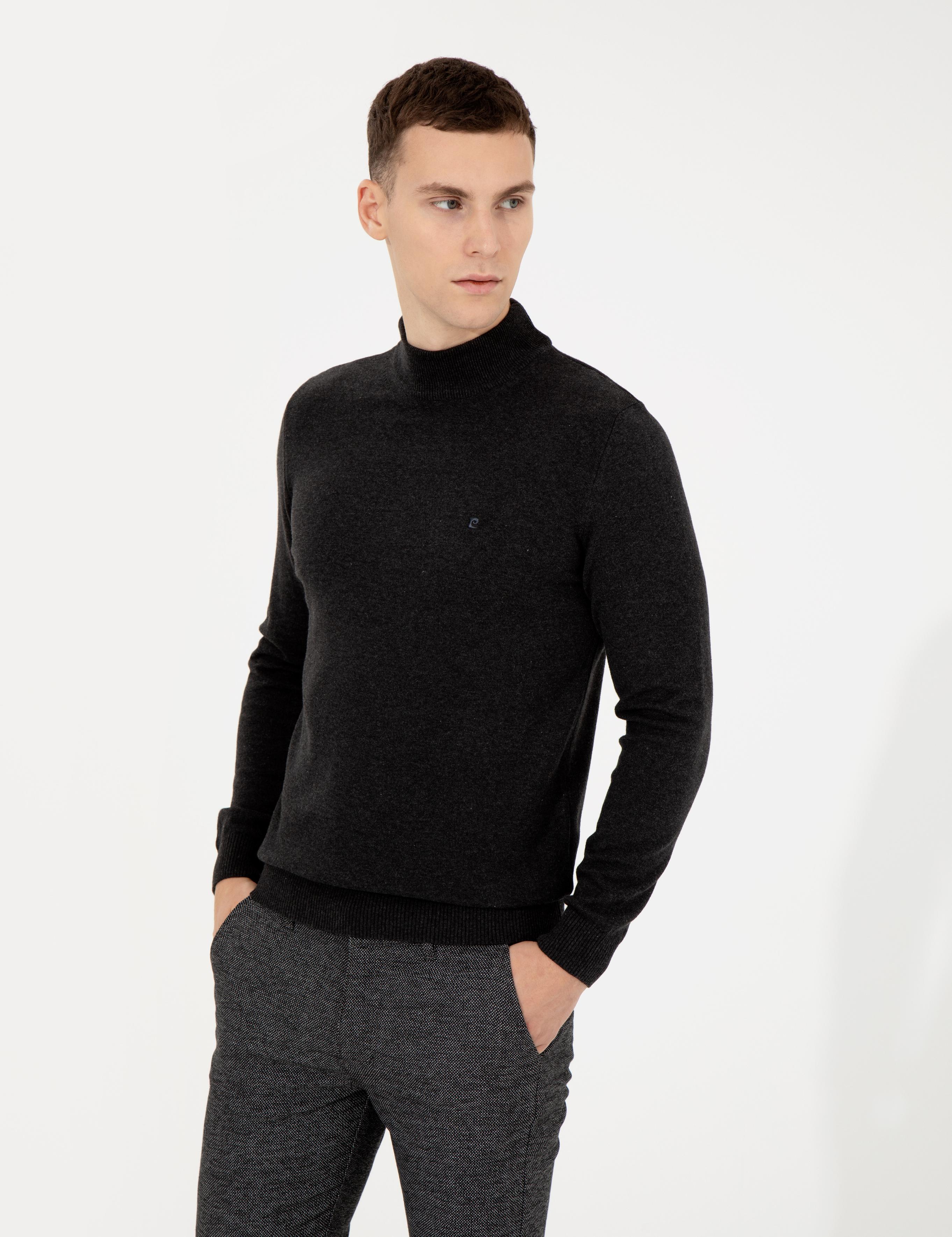 Antrasit Melanj Slim Fit Yarım Balıkçı Yaka Basic Triko Kazak