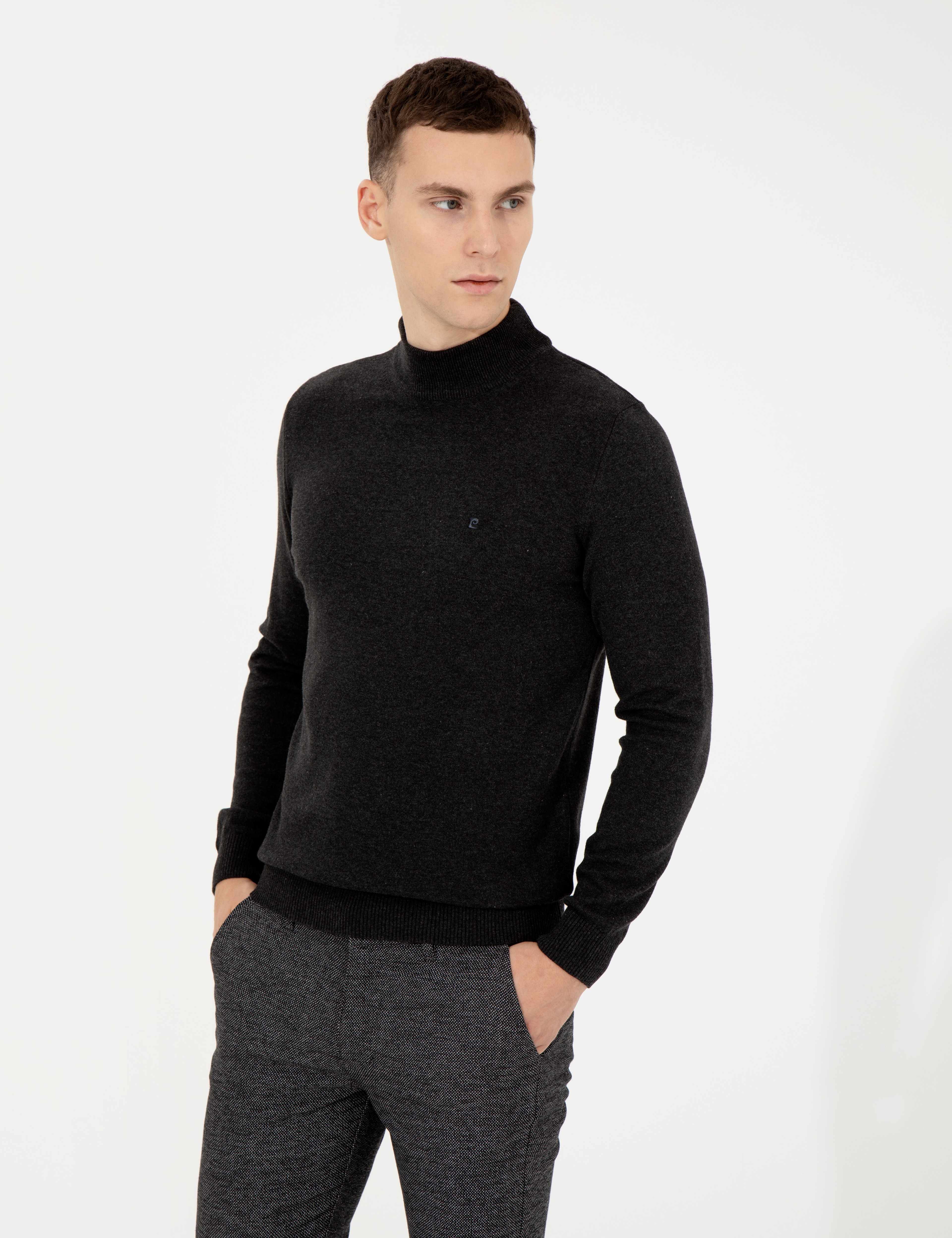 Antrasit Melanj Slim Fit Yarım Balıkçı Yaka Basic Triko Kazak - Image 1