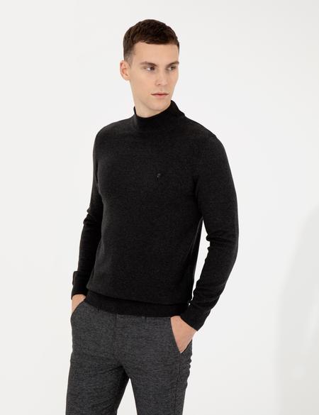 Antrasit Melanj Slim Fit Yarım Balıkçı Yaka Basic Triko Kazak - 50256965070