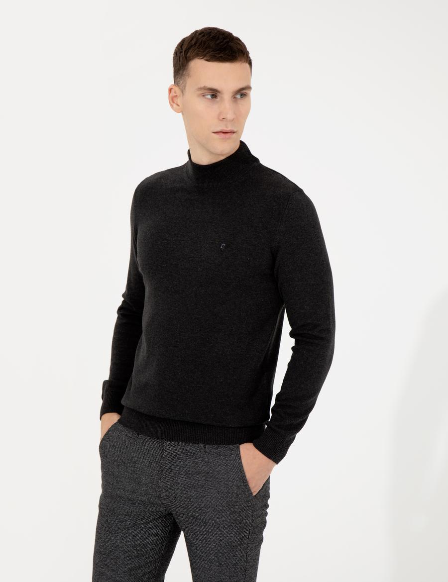 Antrasit Melanj Slim Fit Yarım Balıkçı Yaka Basic Triko Kazak