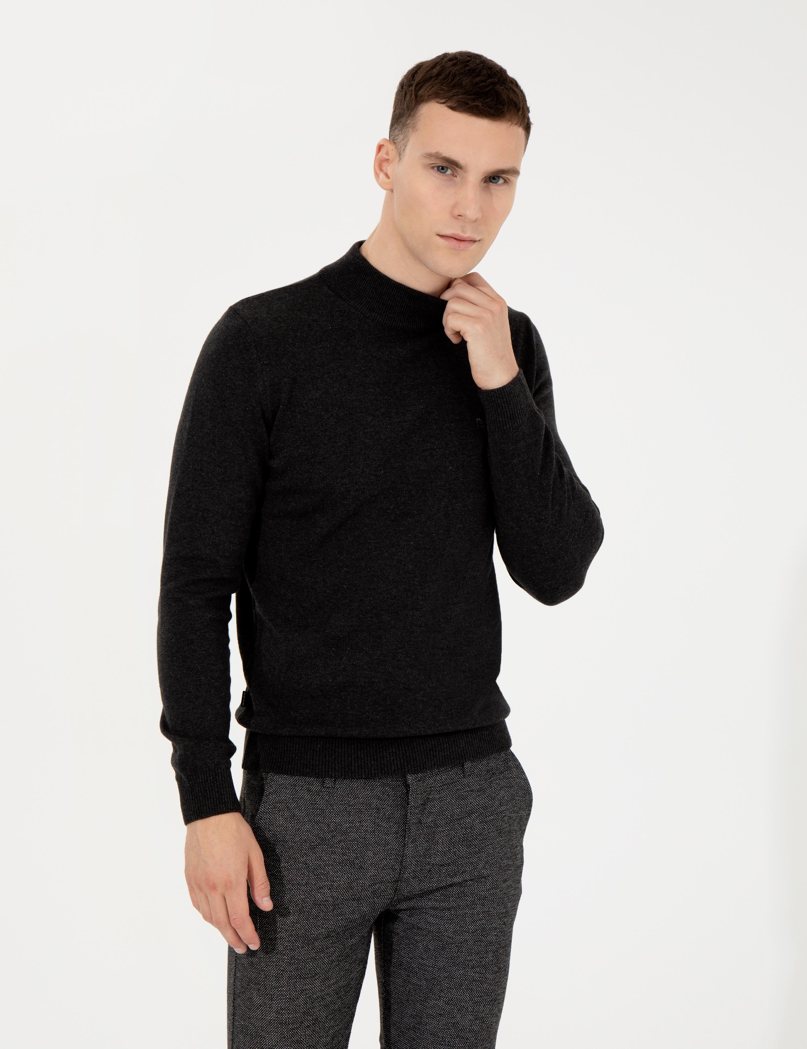 Antrasit Melanj Slim Fit Yarım Balıkçı Yaka Basic Triko Kazak