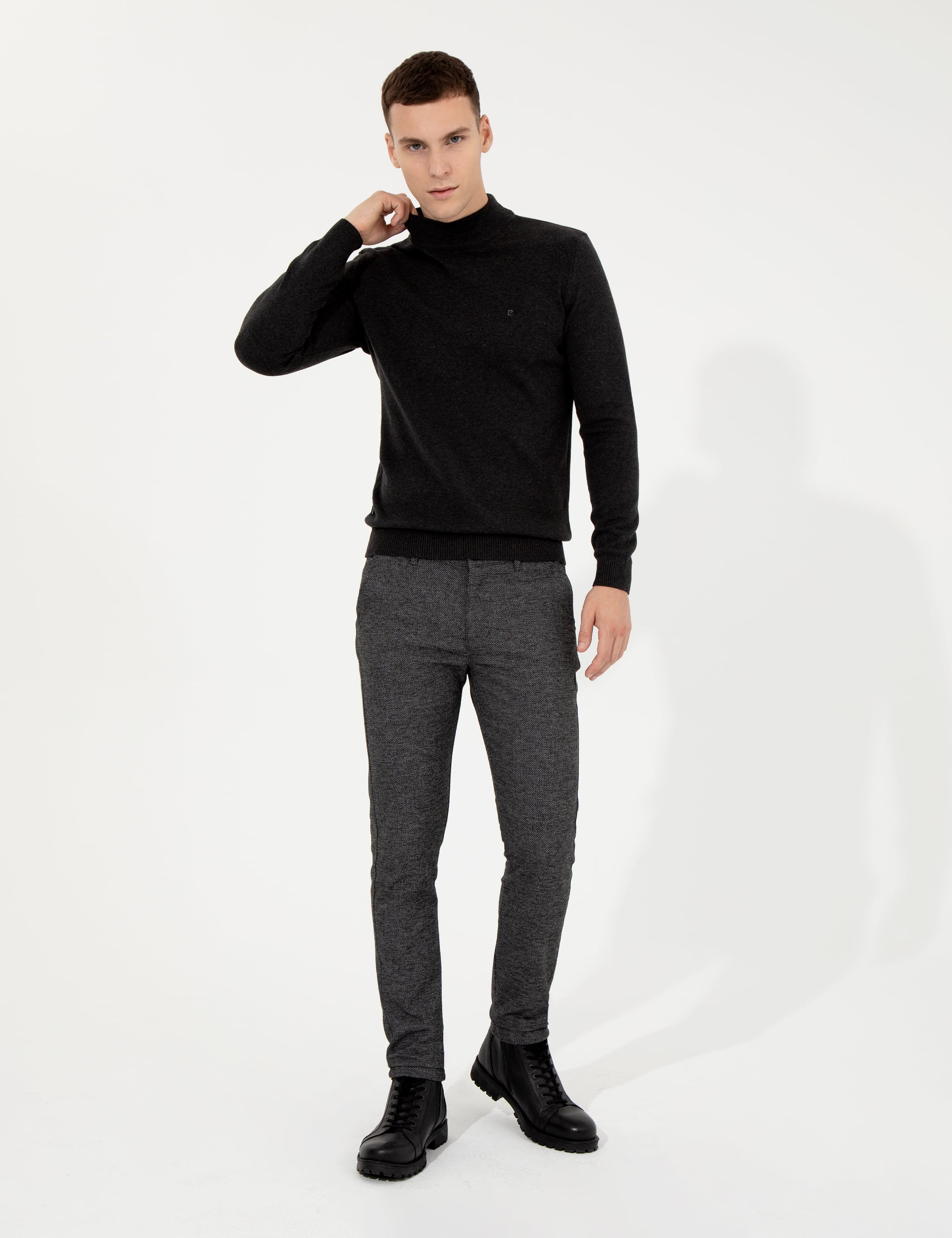 Antrasit Melanj Slim Fit Yarım Balıkçı Yaka Basic Triko Kazak
