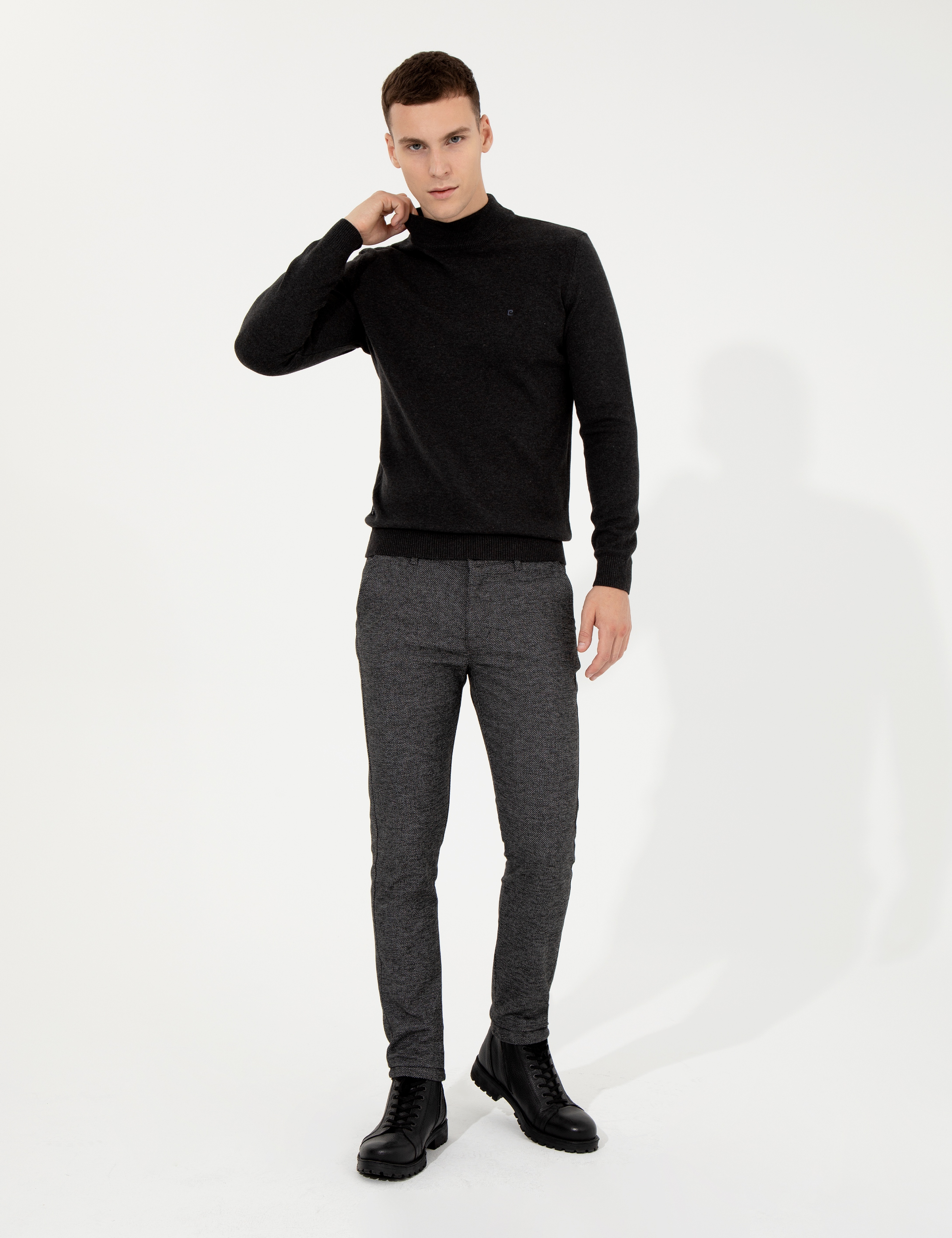 Antrasit Melanj Slim Fit Yarım Balıkçı Yaka Basic Triko Kazak