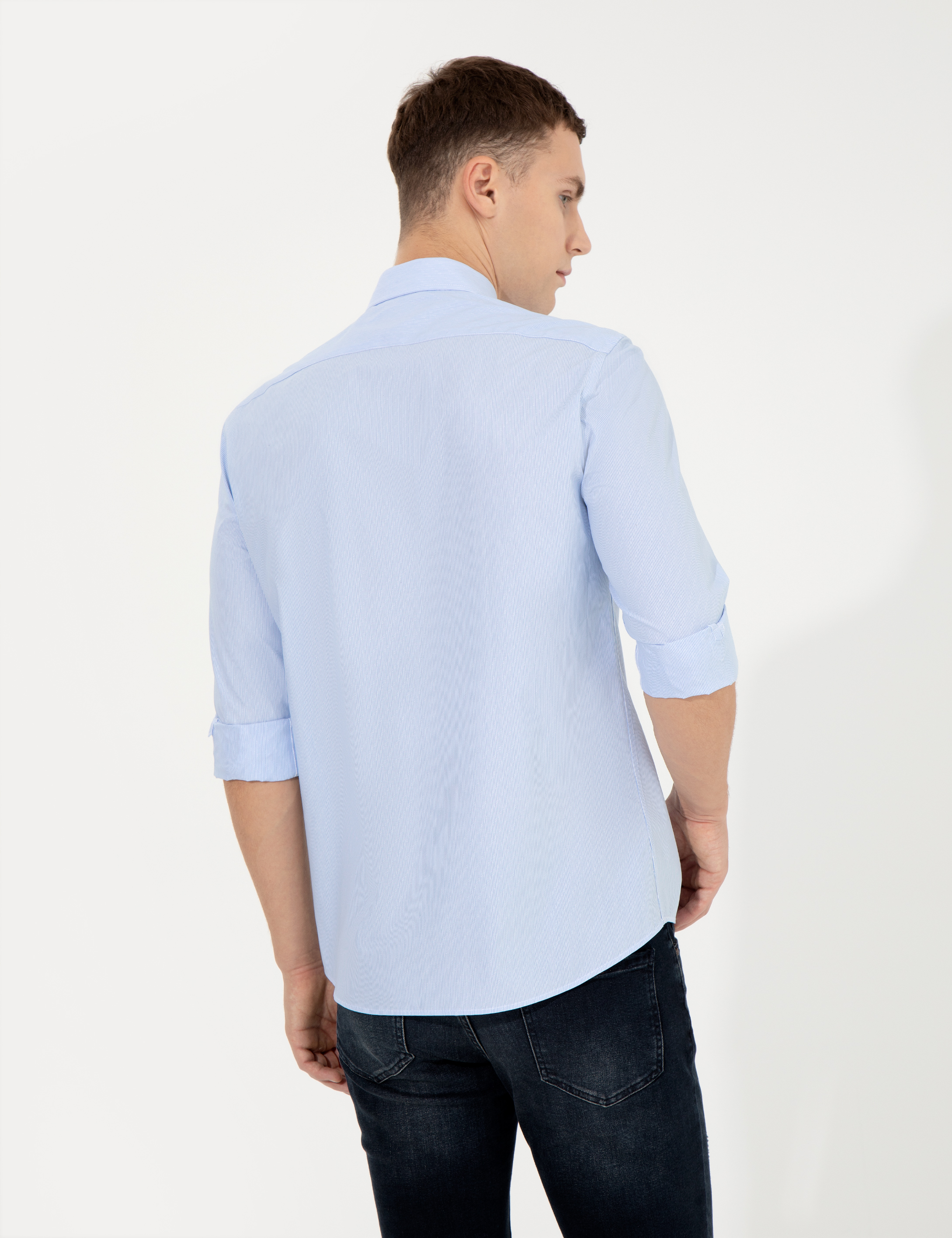Açık Mavi Slim Fit Uzun Kollu Gömlek - Image 5