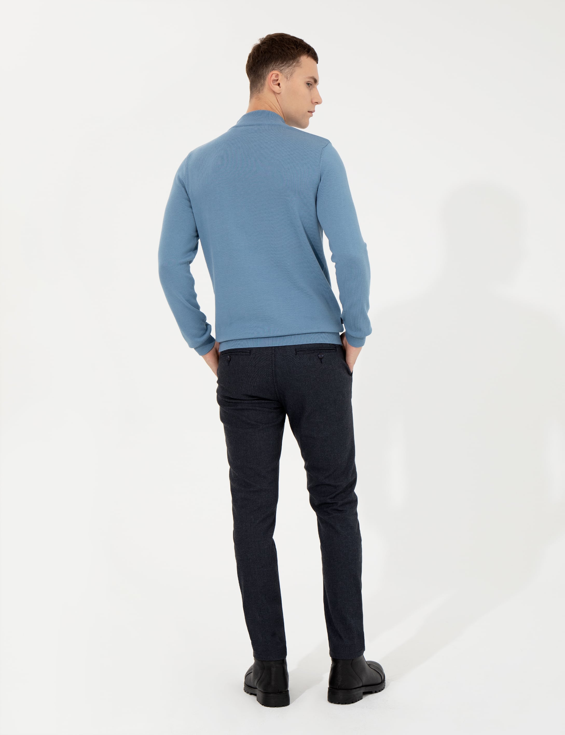 Lacivert Slim Fit Keten Karışımlı Kanvas Pantolon