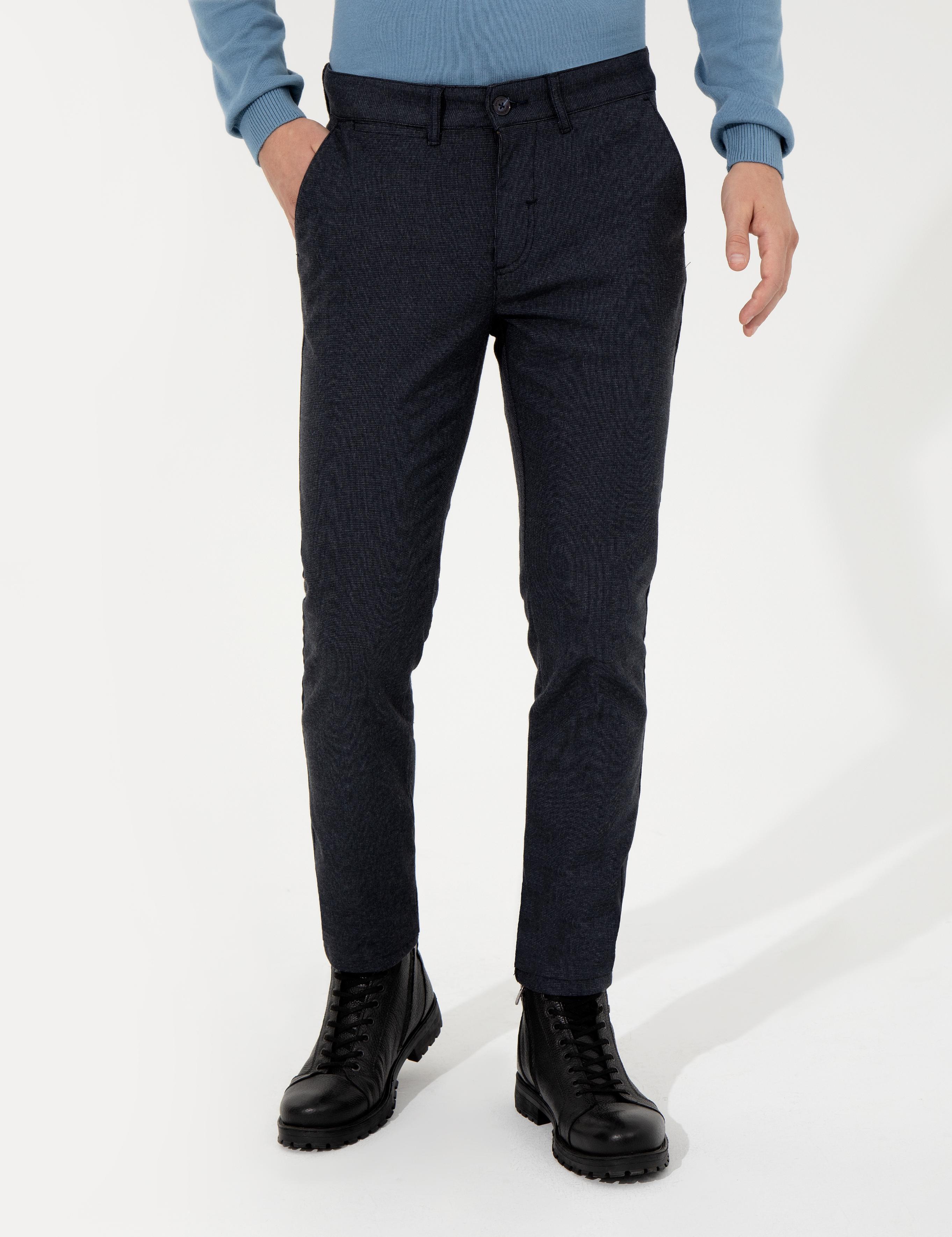 Lacivert Slim Fit Keten Karışımlı Kanvas Pantolon