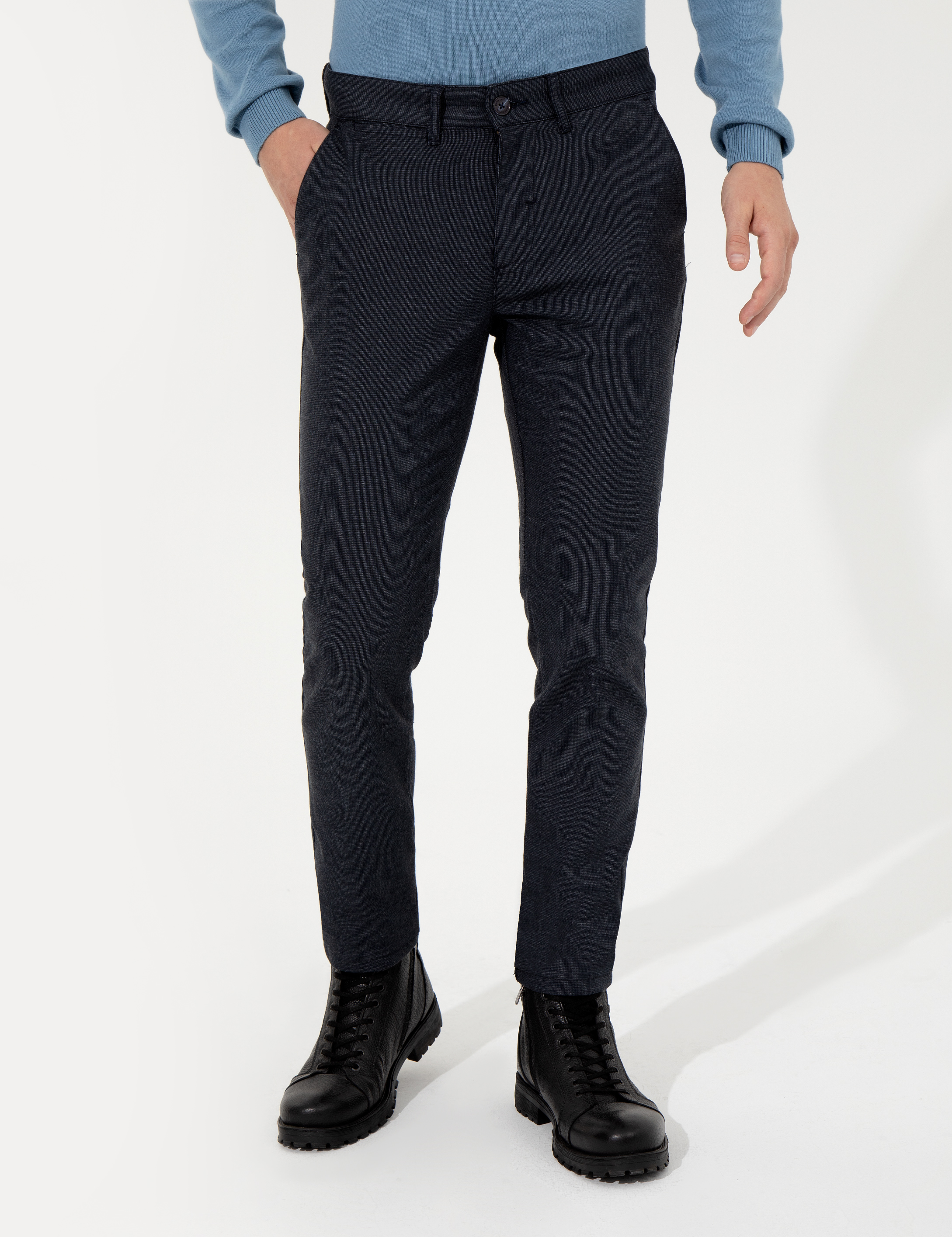 Lacivert Slim Fit Keten Karışımlı Kanvas Pantolon - Image 2