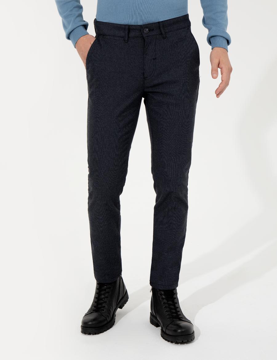 Lacivert Slim Fit Keten Karışımlı Kanvas Pantolon