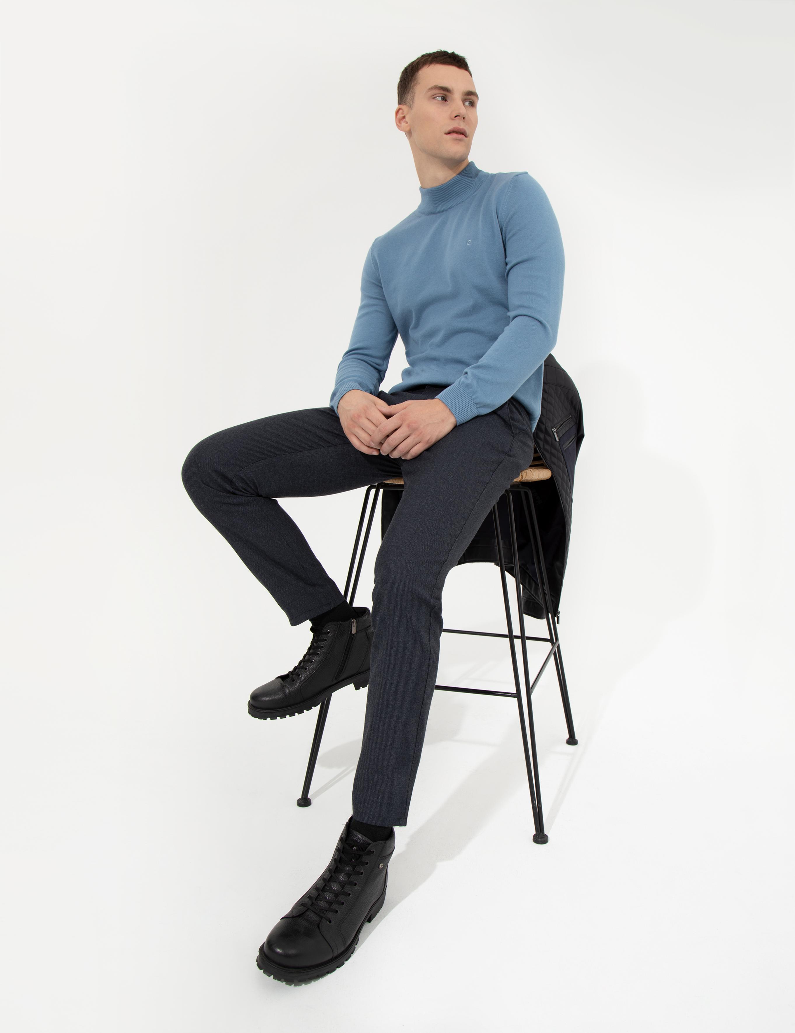 Lacivert Slim Fit Keten Karışımlı Kanvas Pantolon