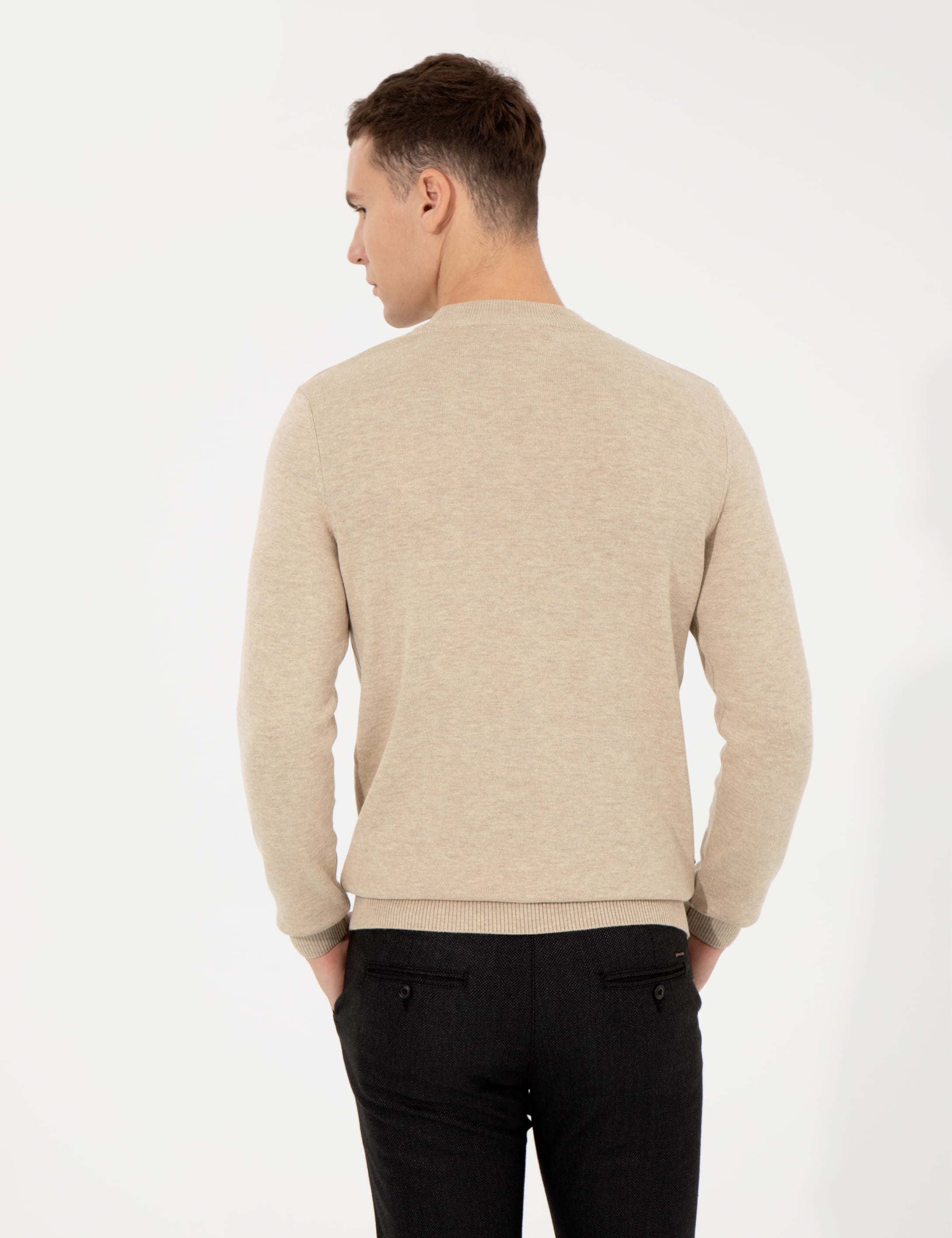 Taş Melanj Slim Fit Çeyrek Yaka Basic Triko Kazak