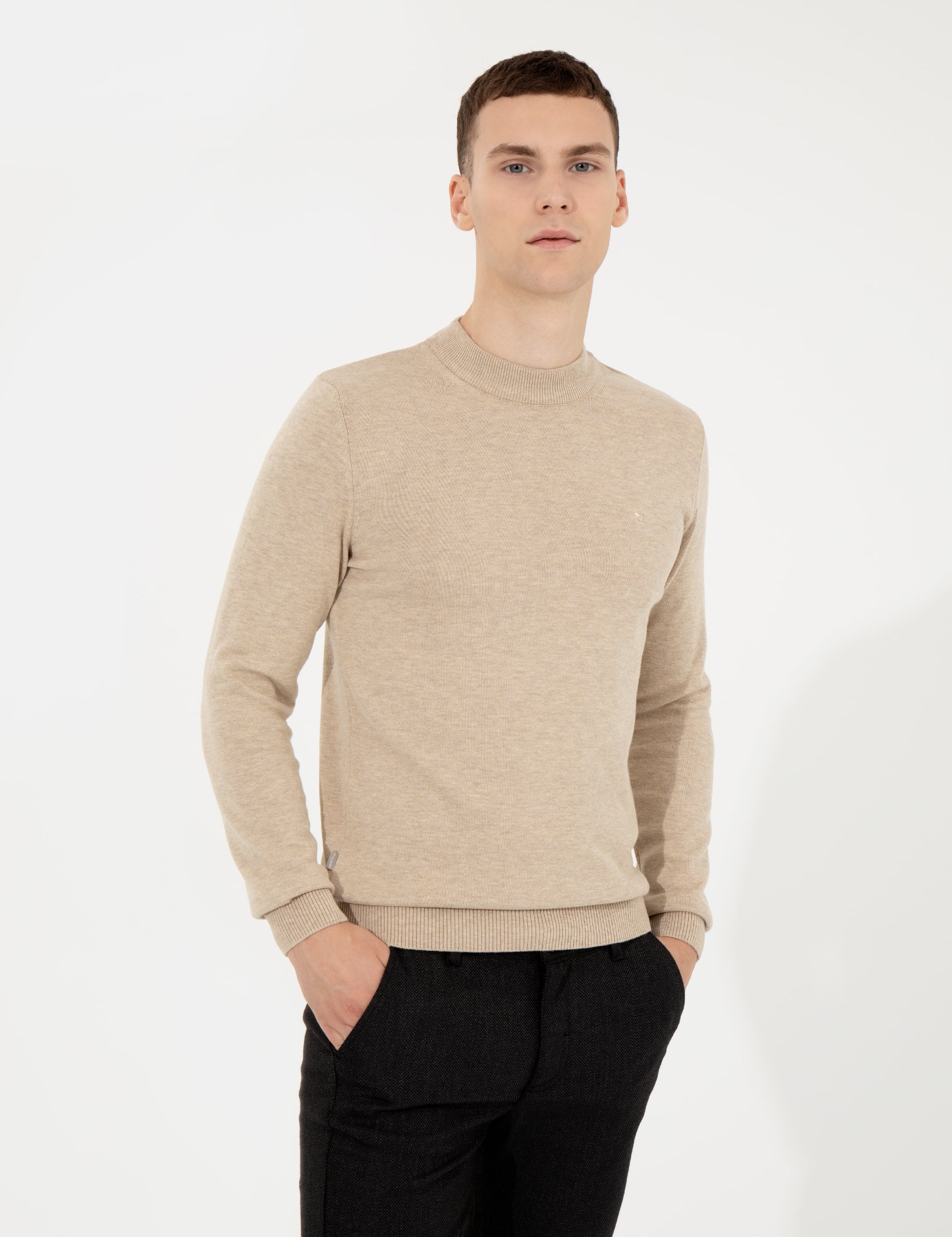 Taş Melanj Slim Fit Çeyrek Yaka Basic Triko Kazak
