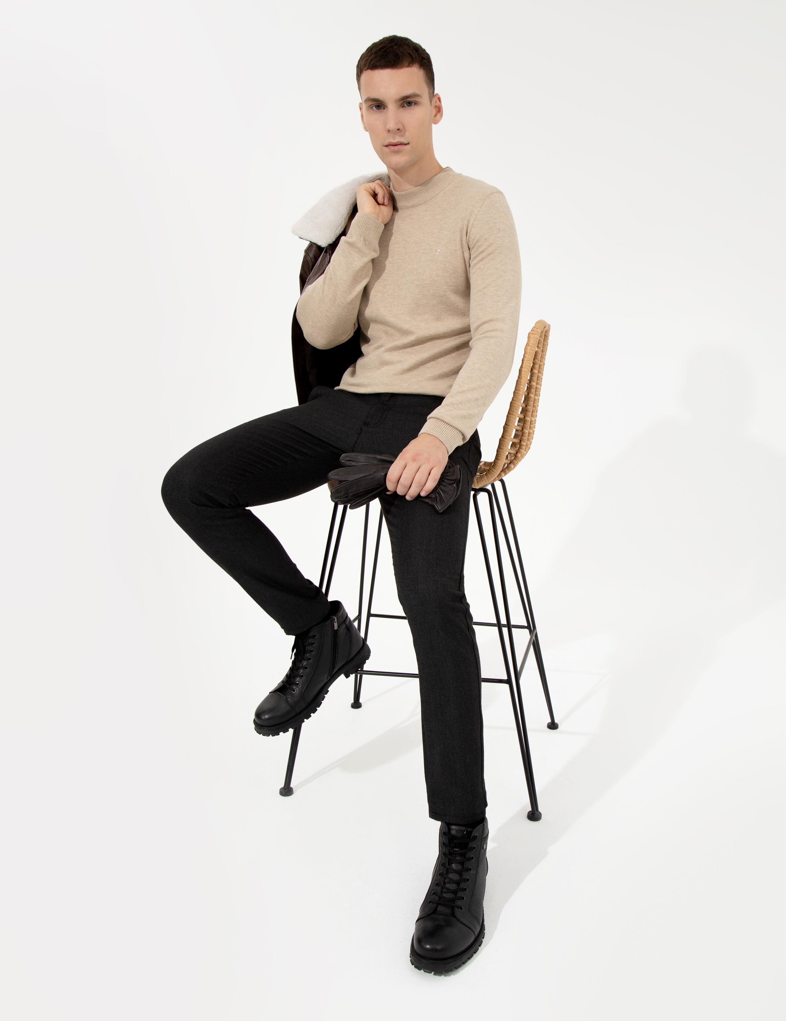 Taş Melanj Slim Fit Çeyrek Yaka Basic Triko Kazak