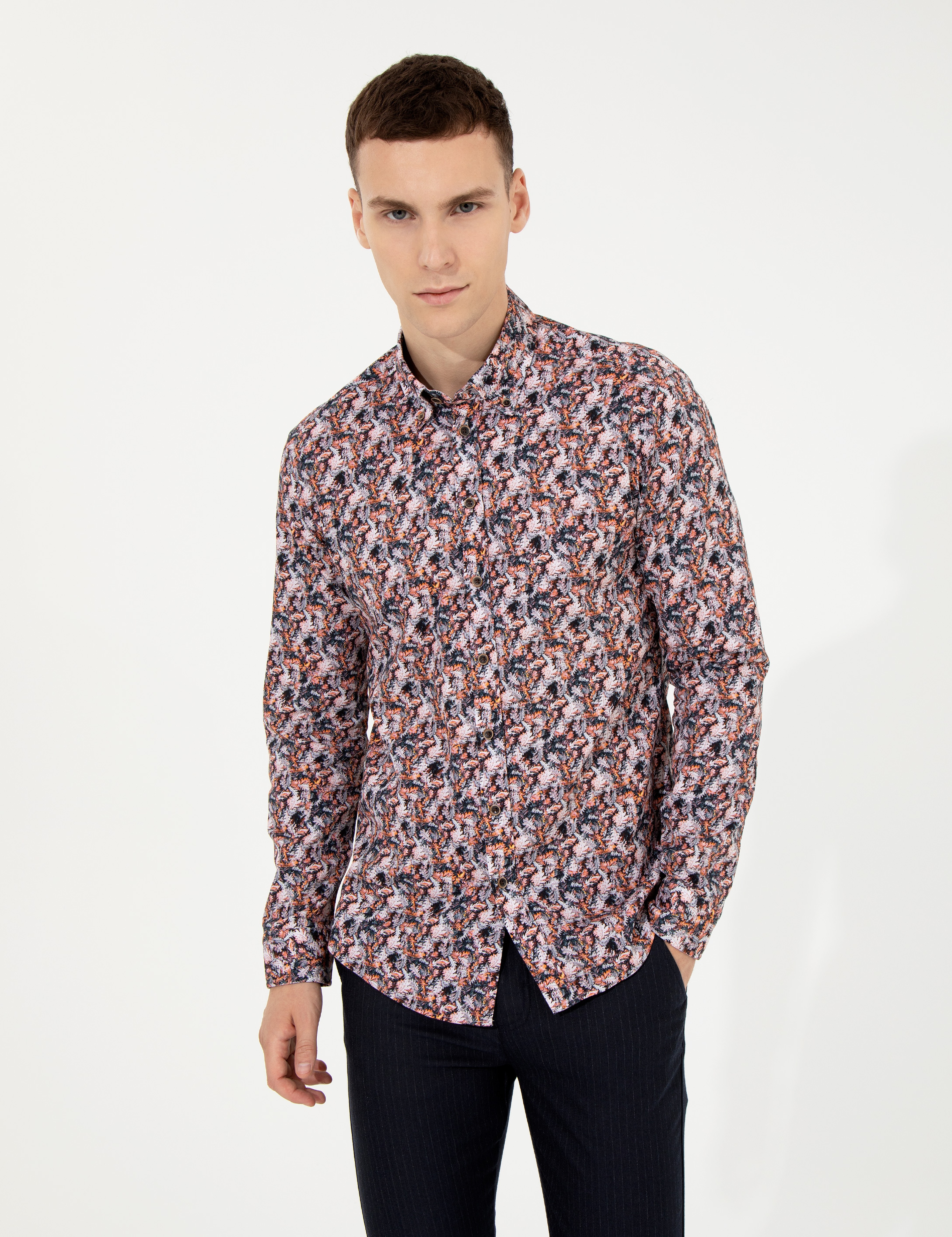 Turuncu Slim Fit Uzun Kollu Gömlek - Image 1
