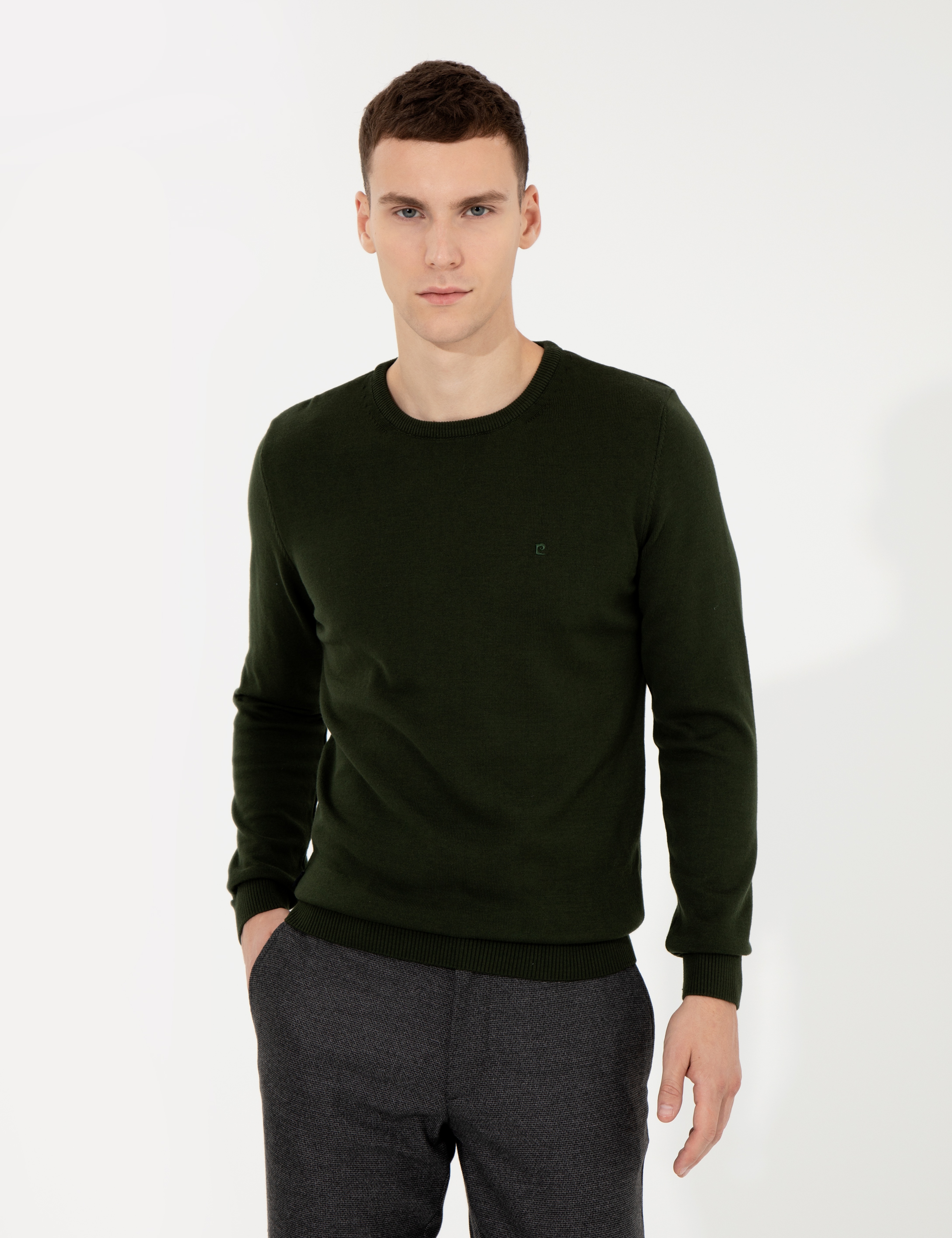 Koyu Yeşil Slim Fit Bisiklet Yaka Basic Triko Kazak - Image 1