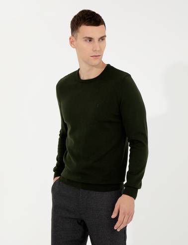 Koyu Yeşil Slim Fit Bisiklet Yaka Basic Triko Kazak