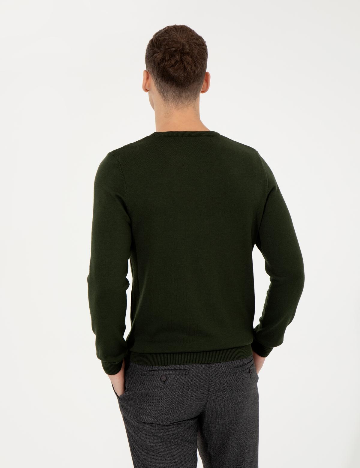 Koyu Yeşil Slim Fit Bisiklet Yaka Basic Triko Kazak - 50257290090