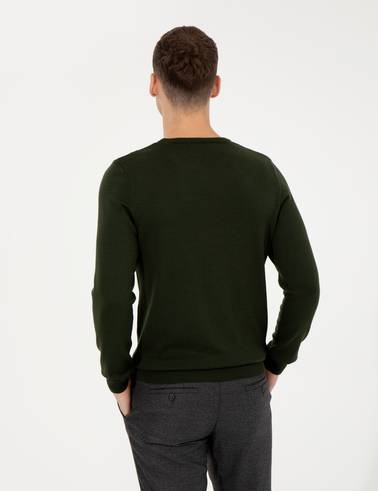 Koyu Yeşil Slim Fit Bisiklet Yaka Basic Triko Kazak