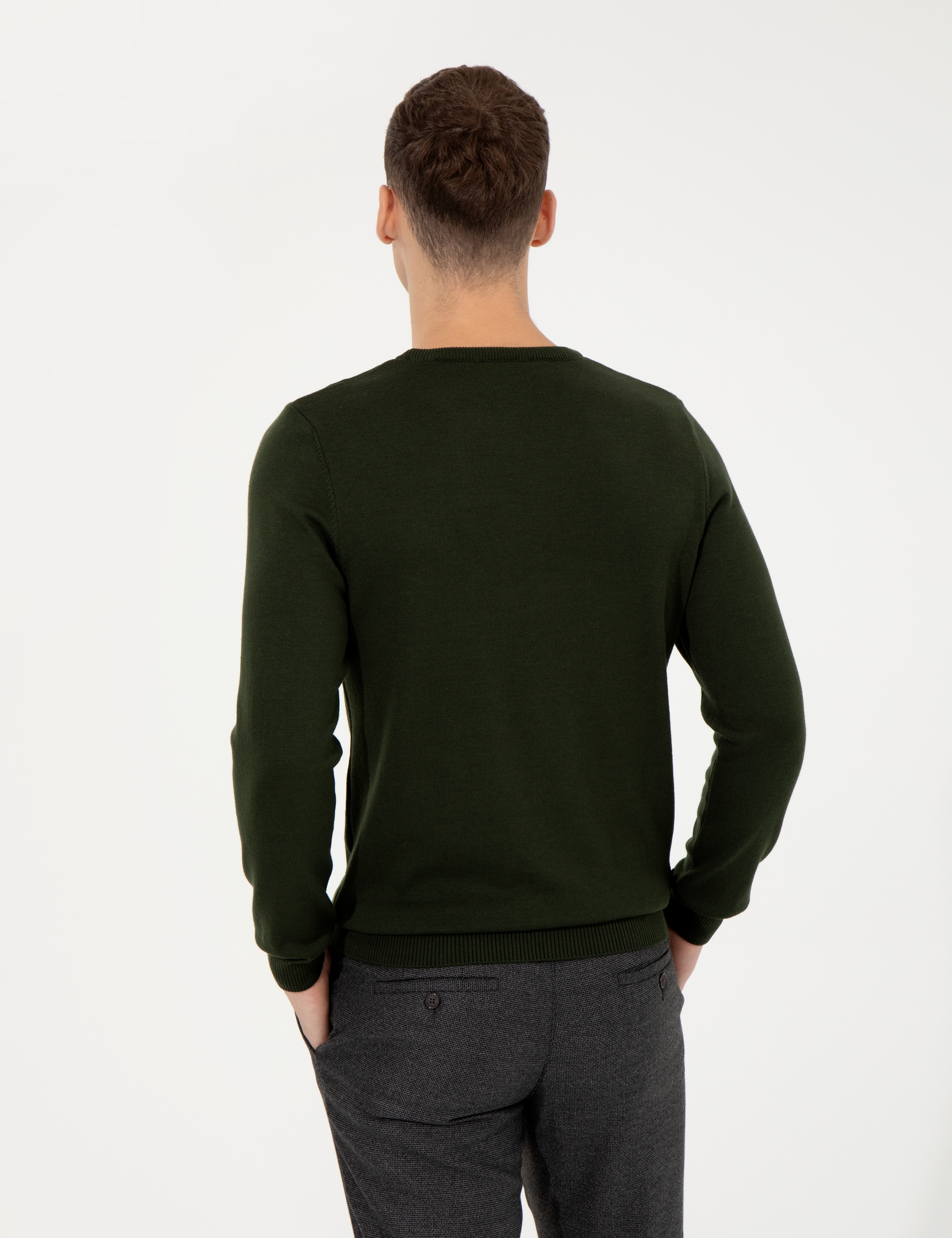 Koyu Yeşil Slim Fit Bisiklet Yaka Basic Triko Kazak