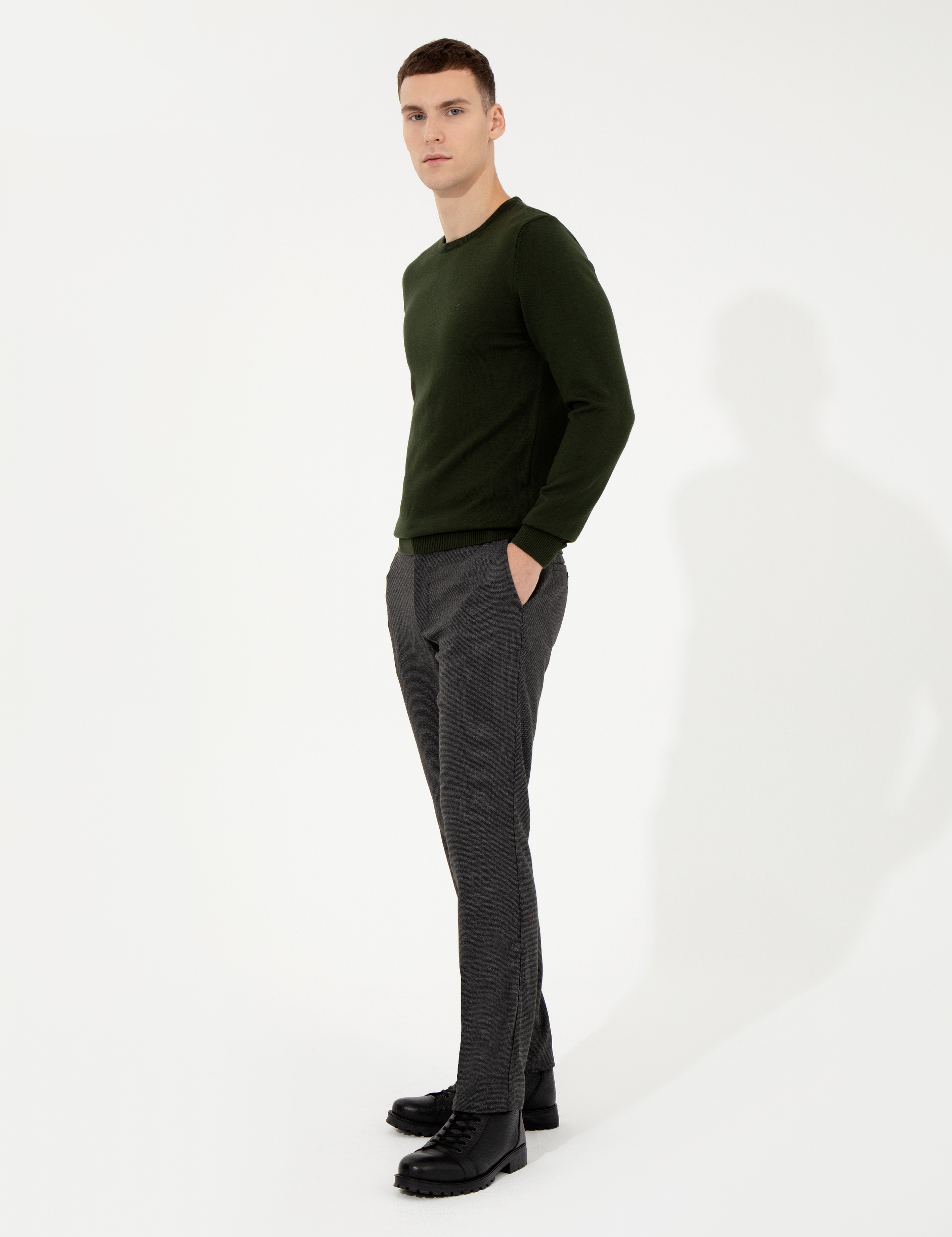 Koyu Yeşil Slim Fit Bisiklet Yaka Basic Triko Kazak - Image 4
