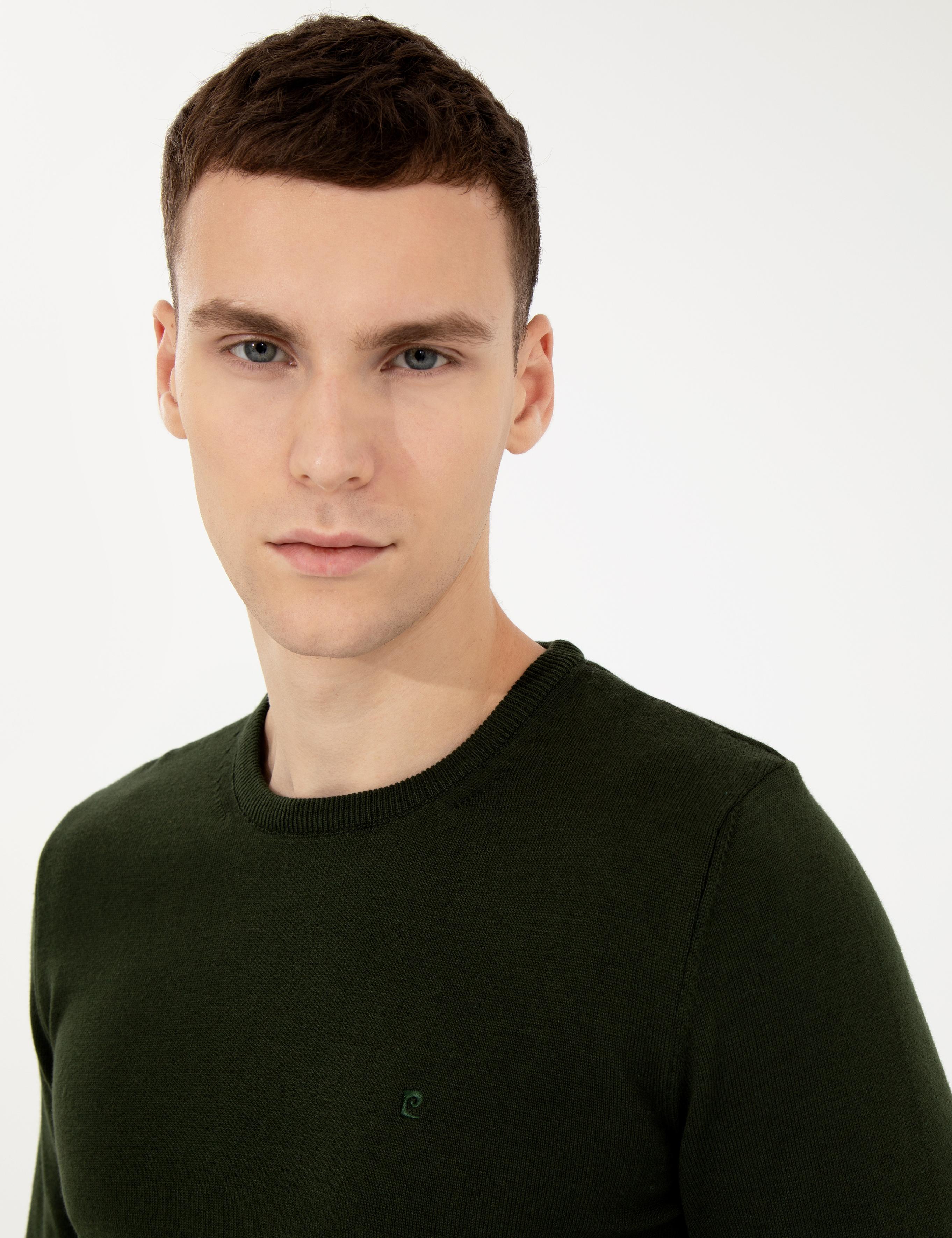 Koyu Yeşil Slim Fit Bisiklet Yaka Basic Triko Kazak