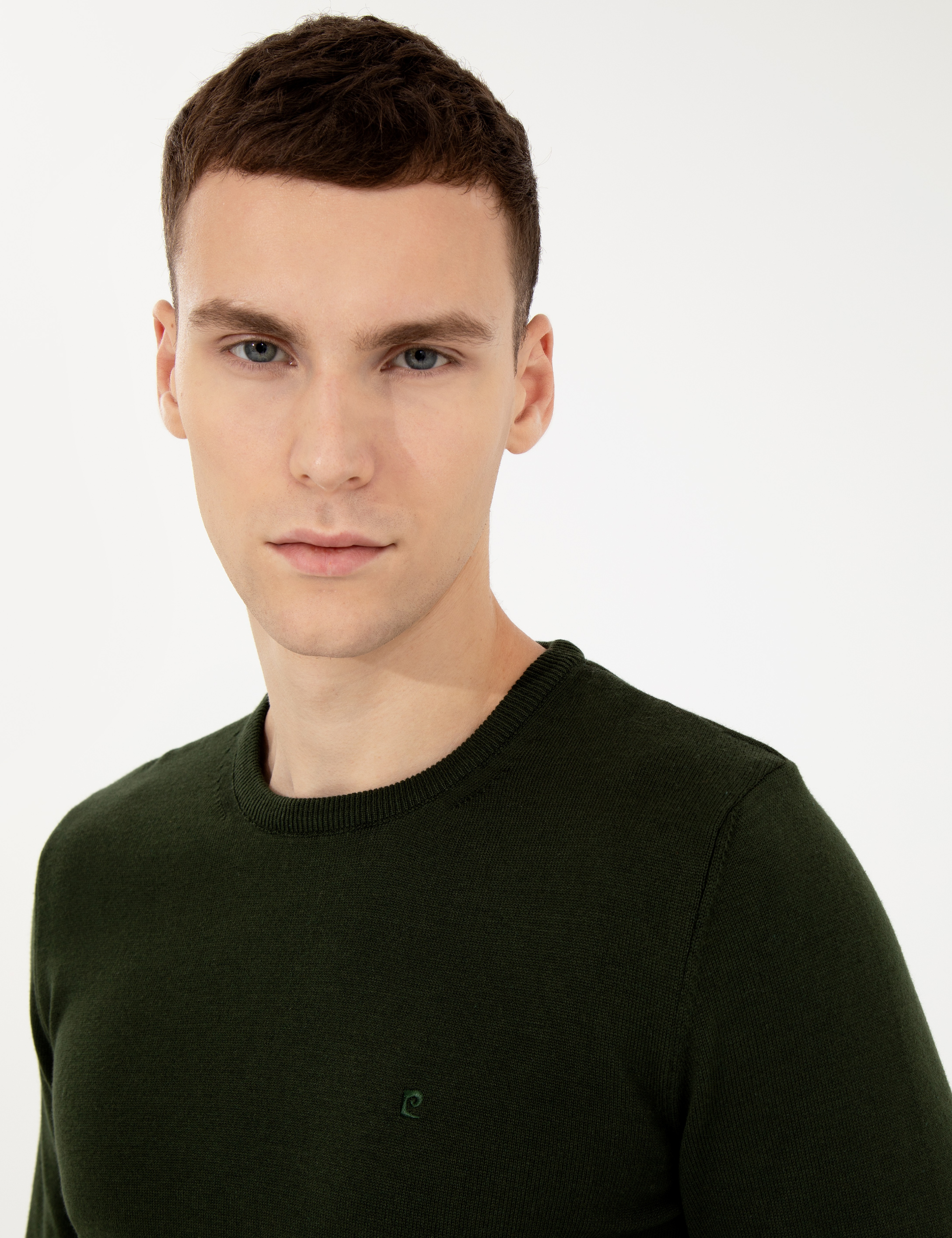 Koyu Yeşil Slim Fit Bisiklet Yaka Basic Triko Kazak