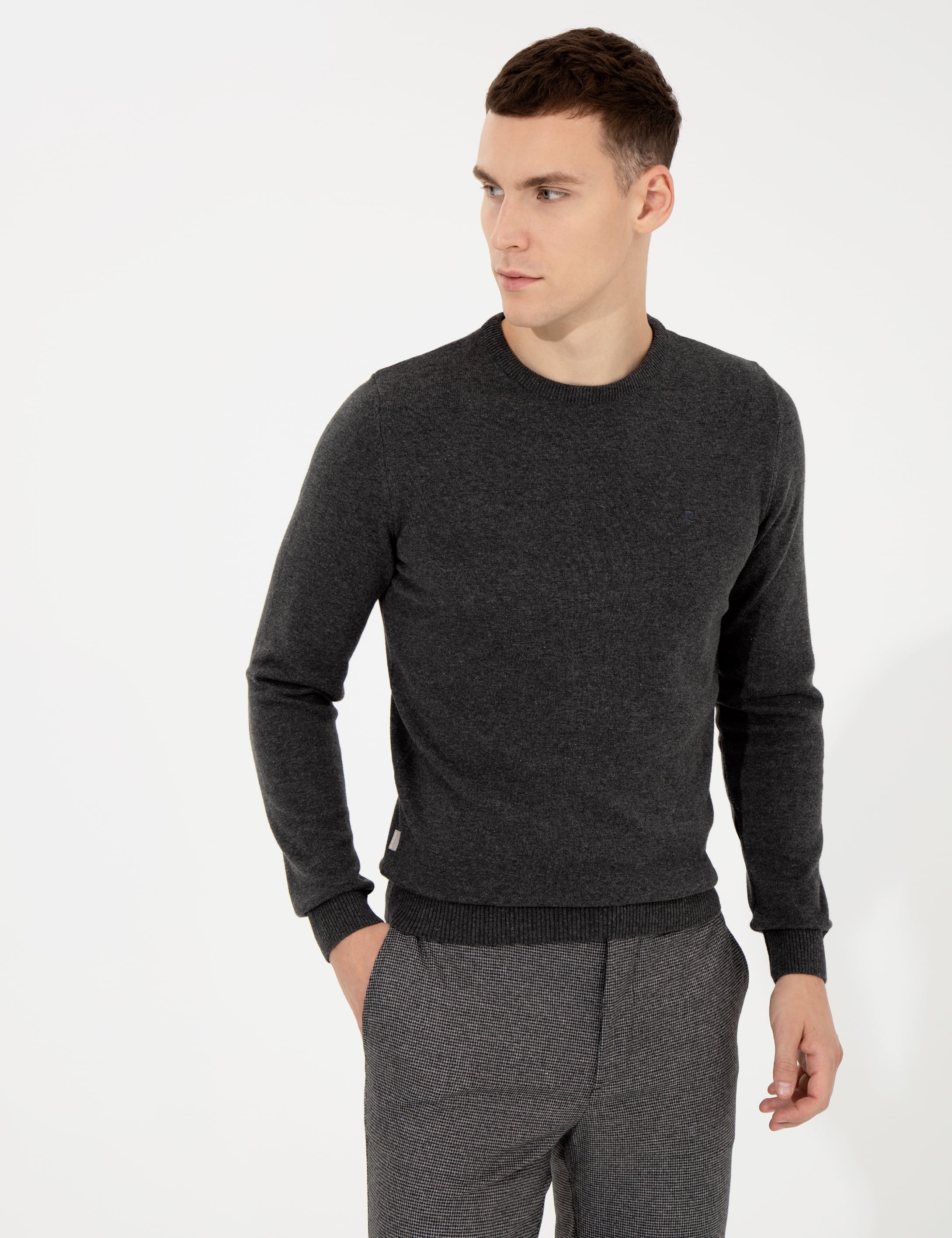 Gri Melanj Slim Fit Bisiklet Yaka Basic Triko Kazak