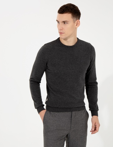 Gri Melanj Slim Fit Bisiklet Yaka Basic Triko Kazak