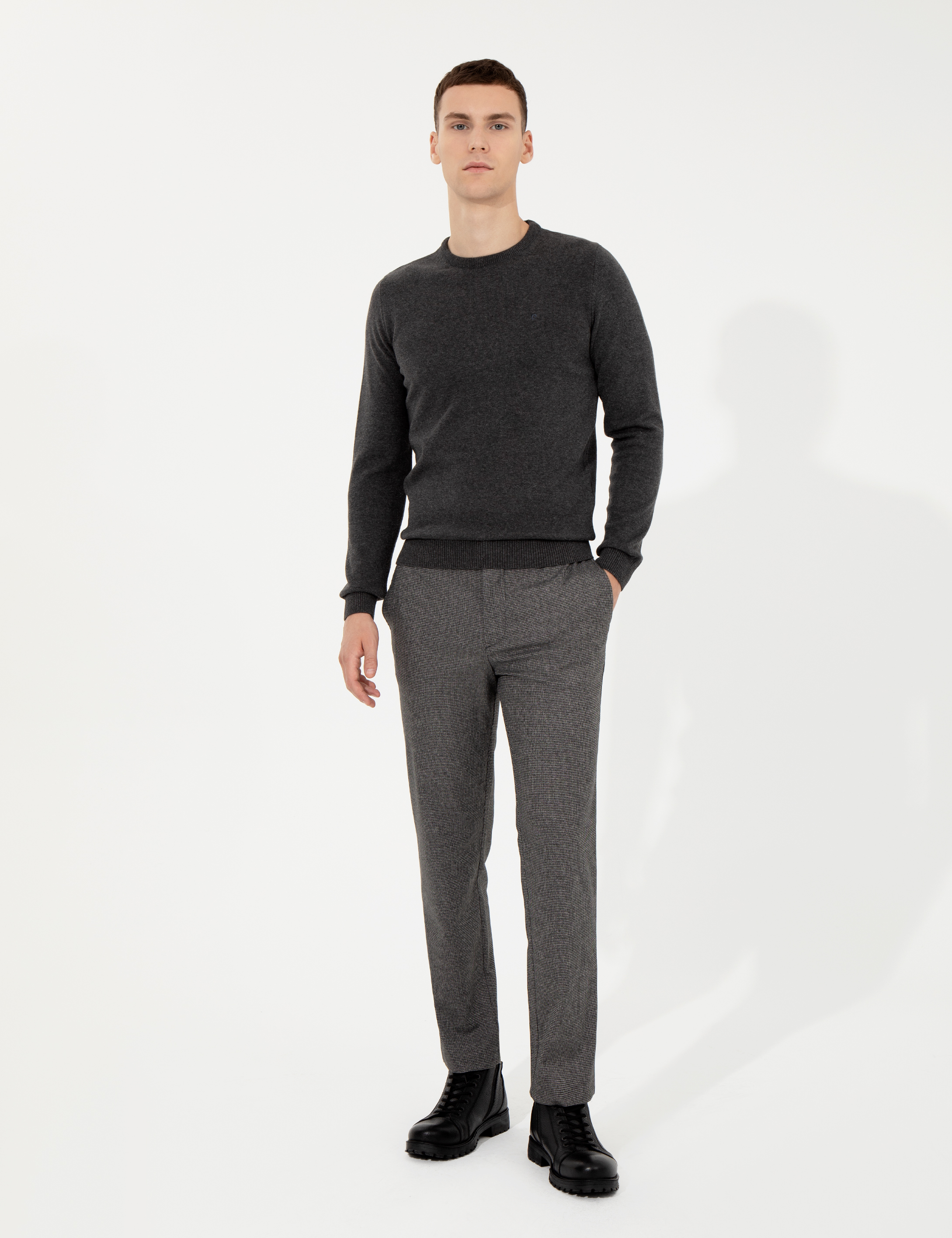 Pierre Cardin Gri Melanj Slim Fit Bisiklet Yaka Basic Triko Kazak görsel 4