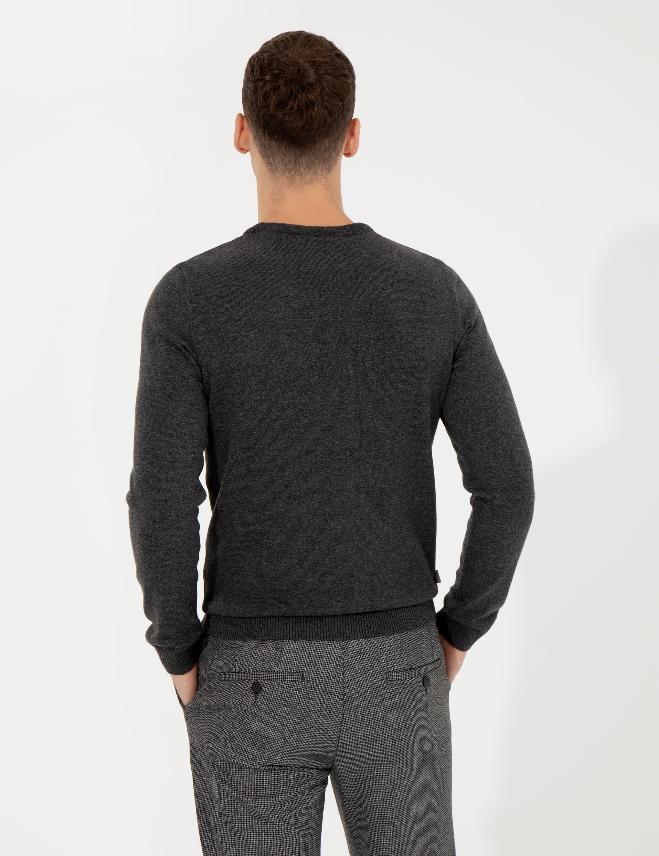 Pierre Cardin Gri Melanj Slim Fit Bisiklet Yaka Basic Triko Kazak görsel 5