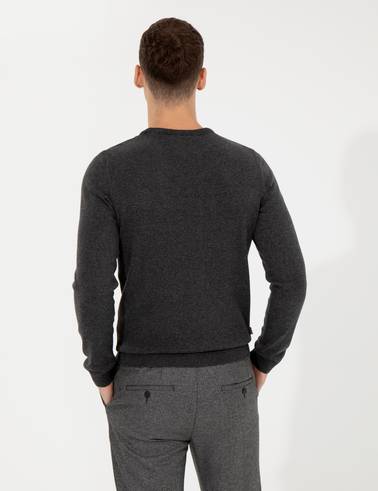 Gri Melanj Slim Fit Bisiklet Yaka Basic Triko Kazak