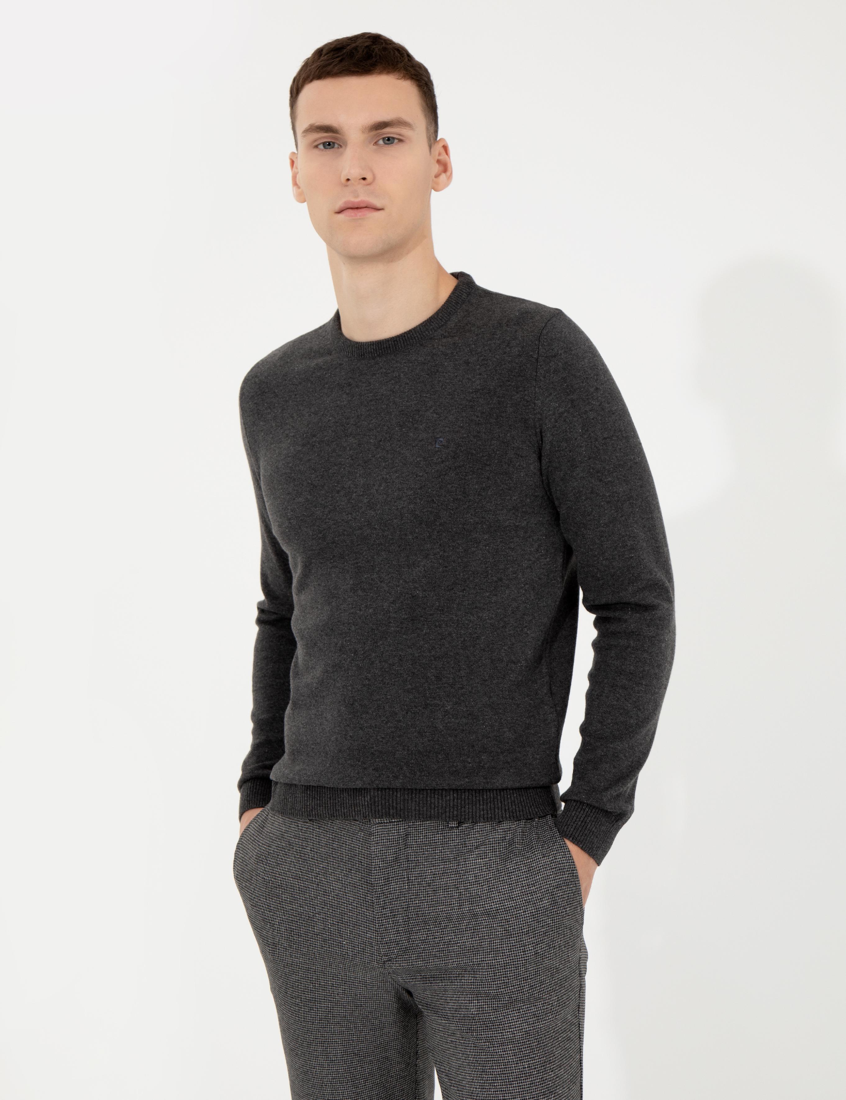 Gri Melanj Slim Fit Bisiklet Yaka Basic Triko Kazak