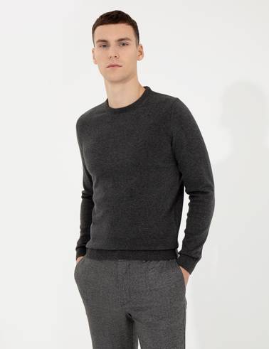 Gri Melanj Slim Fit Bisiklet Yaka Basic Triko Kazak