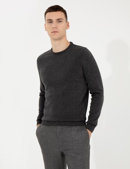 Gri Melanj Slim Fit Bisiklet Yaka Basic Triko Kazak - 50257290098