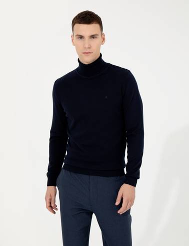 Lacivert Slim Fit Balıkçı Yaka Basic Triko Kazak
