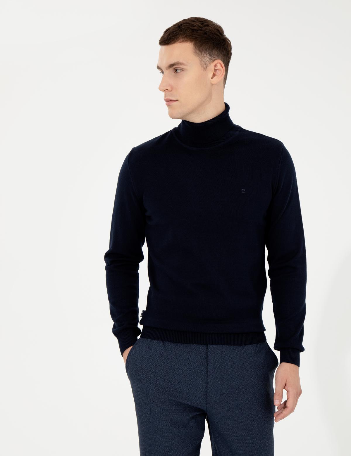 Lacivert Slim Fit Balıkçı Yaka Basic Triko Kazak