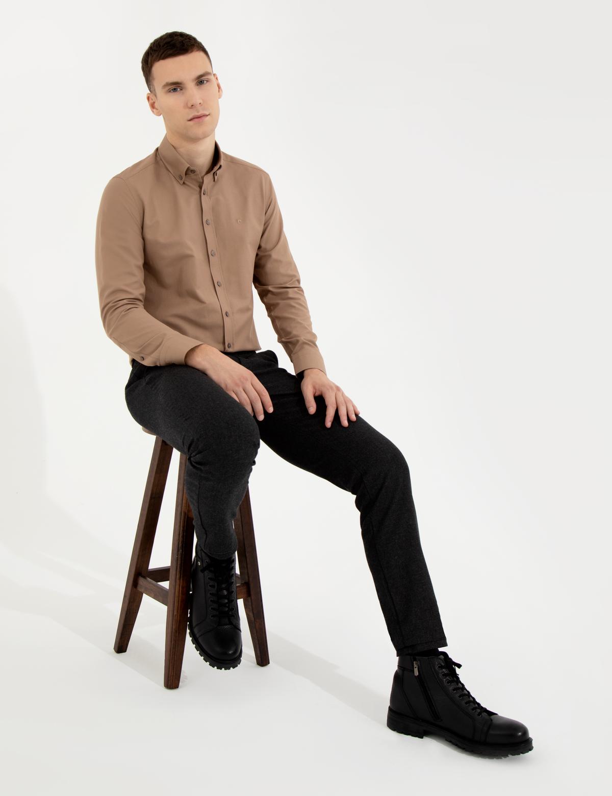 Açık Kahverengi Slim Fit Oxford Gömlek - 50258968070